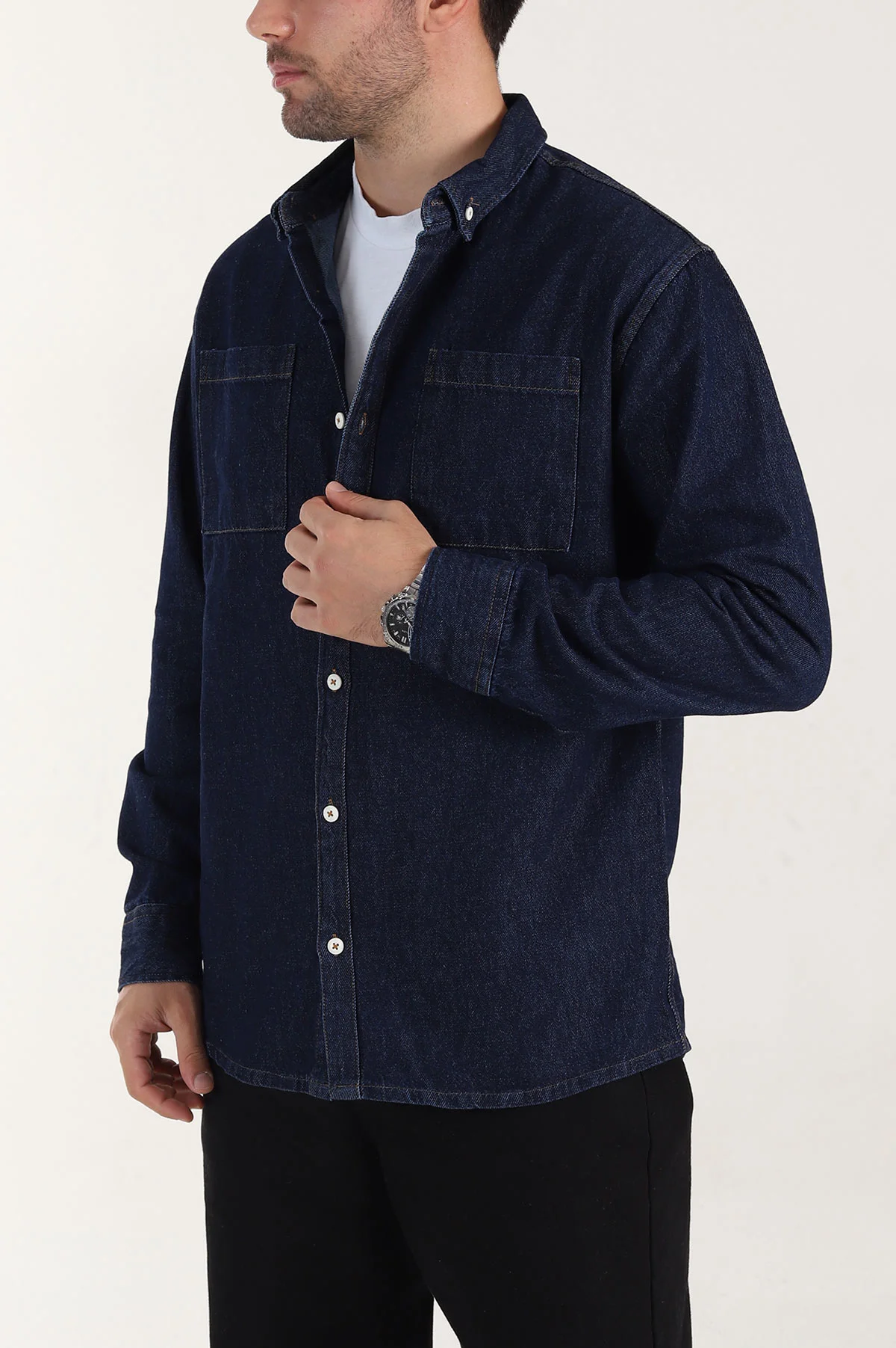 Lacivert Relaxed Fit Çift Cep Detaylı Erkek Kot Gömlek 400105