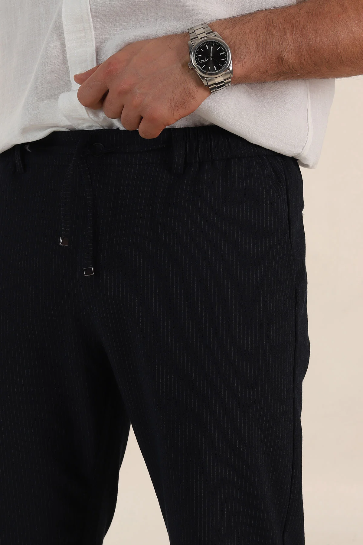Lacivert Relaxed Fit Çizgili Bel Arkası Lastikli Erkek Pantolon 362594