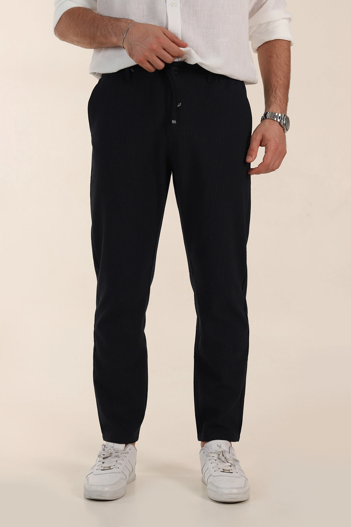 Lacivert Relaxed Fit Çizgili Bel Arkası Lastikli Erkek Pantolon 362594