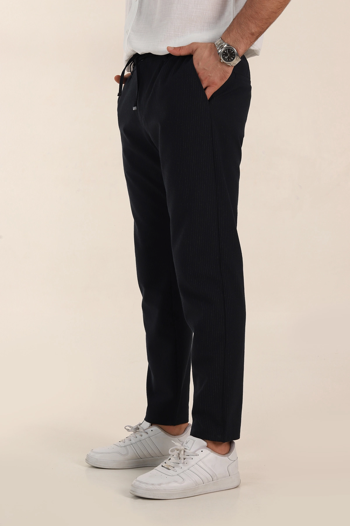 Lacivert Relaxed Fit Çizgili Bel Arkası Lastikli Erkek Pantolon 362594