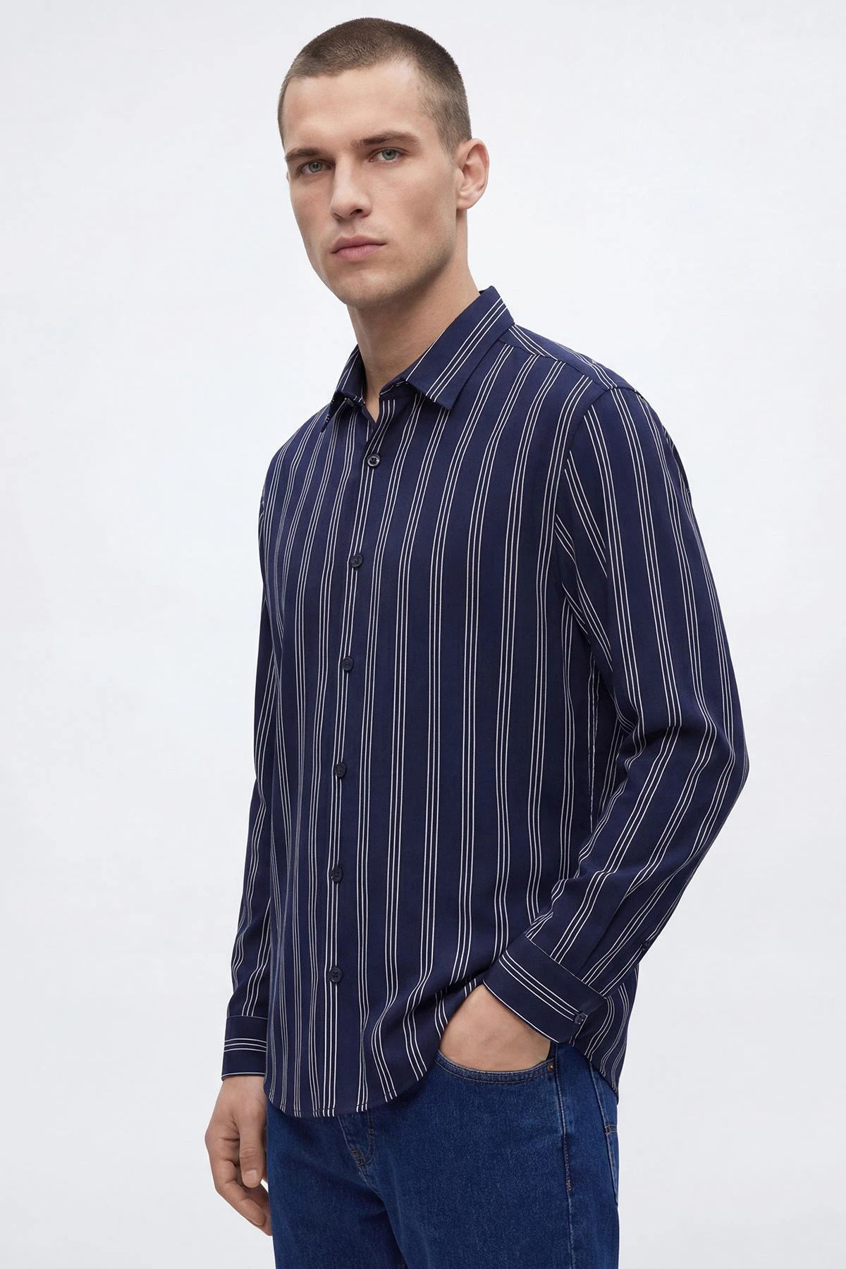 Lacivert Relaxed Fit Çizgili Erkek Gömlek 435783