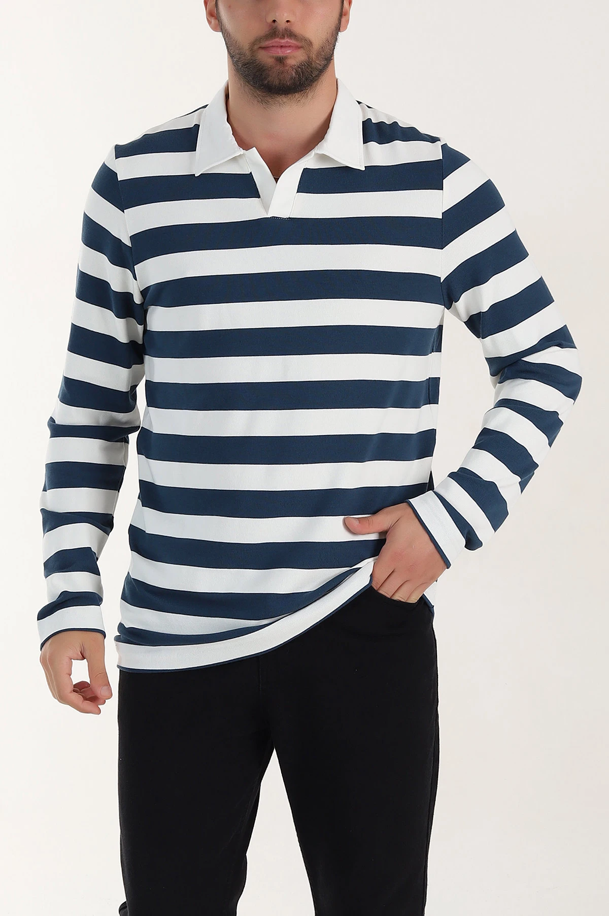 Lacivert Relaxed Fit Çizgili Jakarlı Kumaş Erkek Triko Sweatshirt 399591