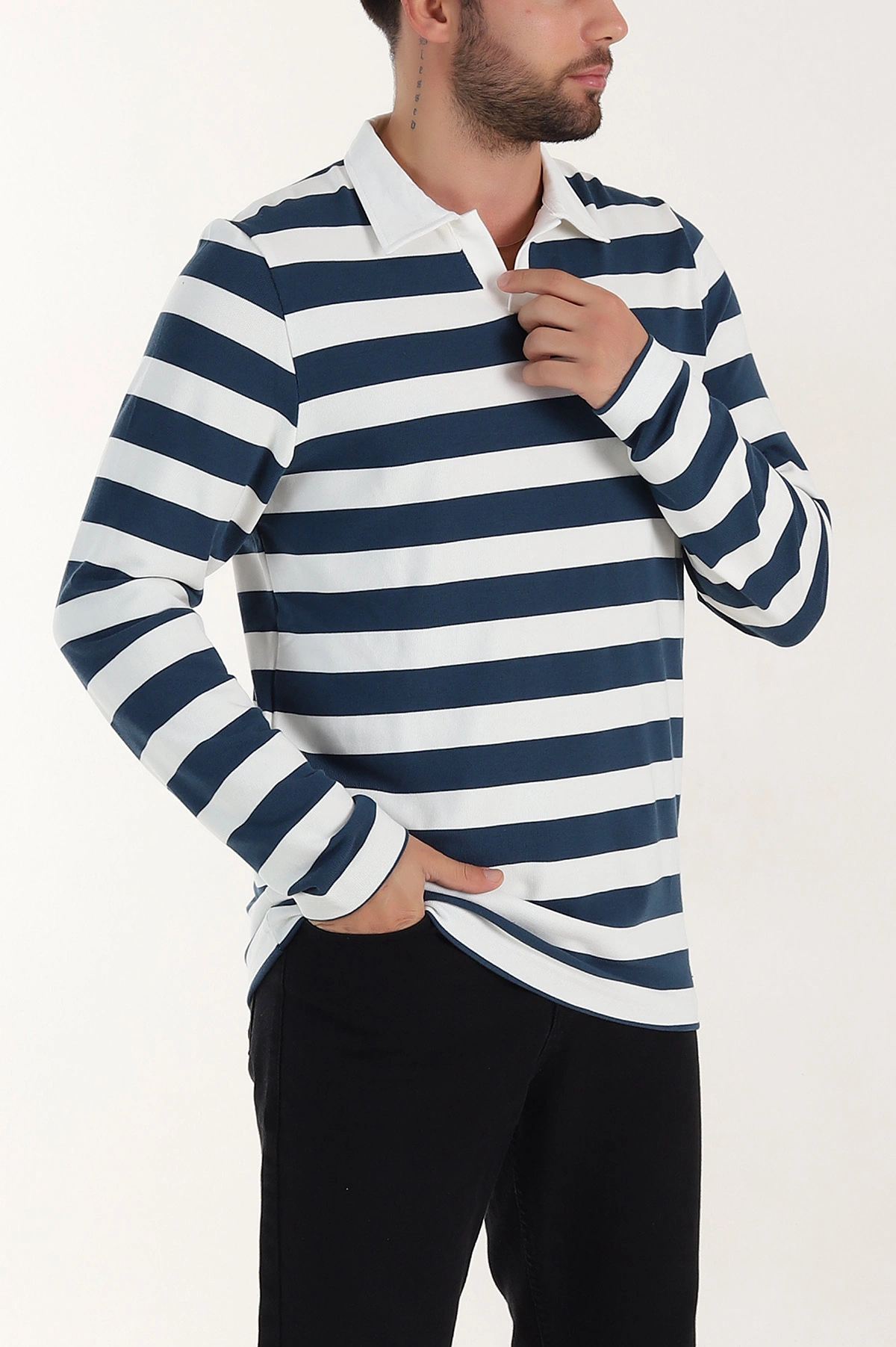 Lacivert Relaxed Fit Çizgili Jakarlı Kumaş Erkek Triko Sweatshirt 399591