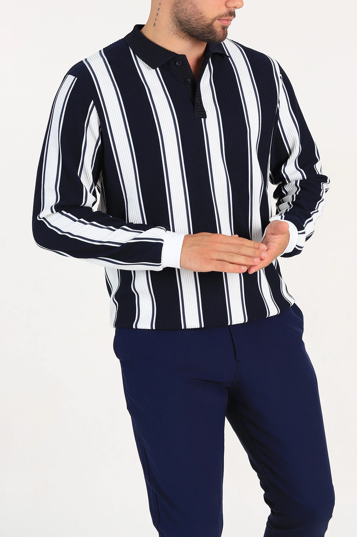 Lacivert Relaxed Fit Çizgili Polo Yaka Uzun Kollu Erkek Sweatshirt 300889