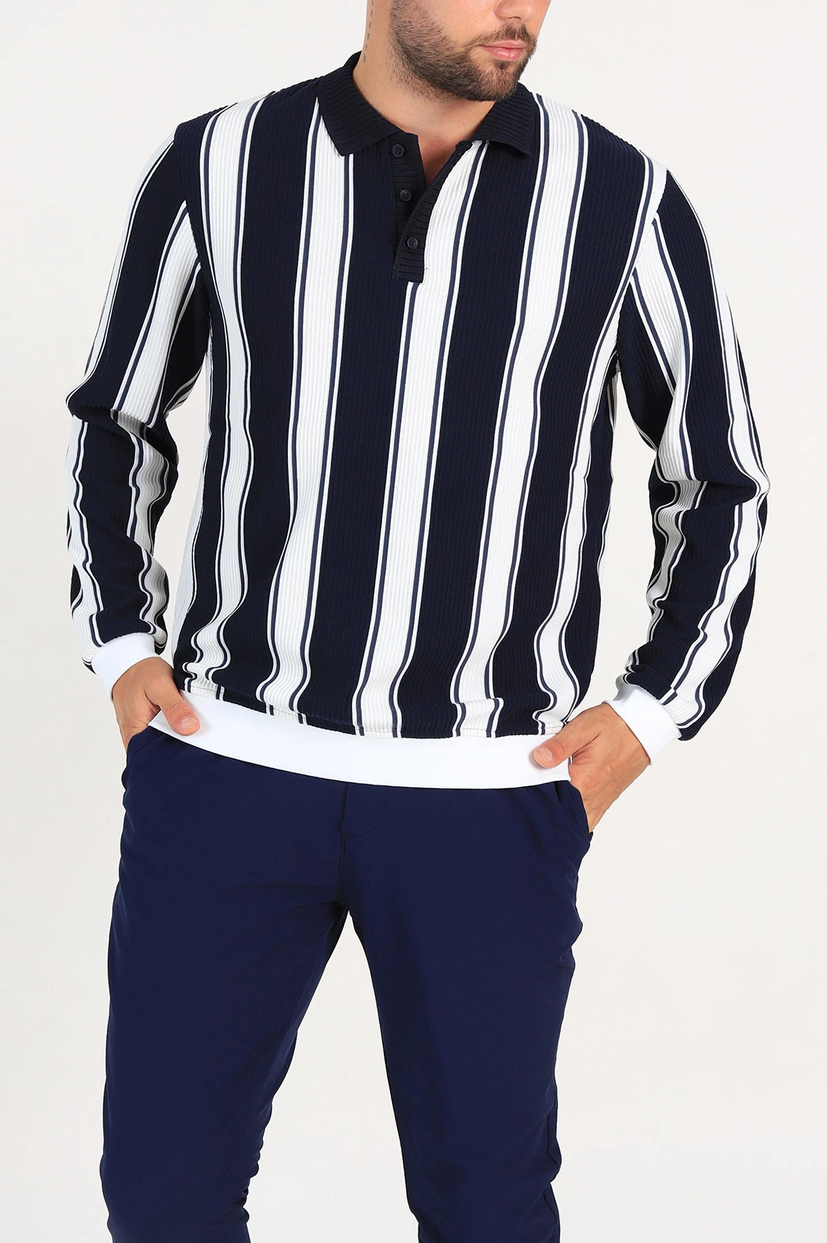 Lacivert Relaxed Fit Çizgili Polo Yaka Uzun Kollu Erkek Sweatshirt 300889