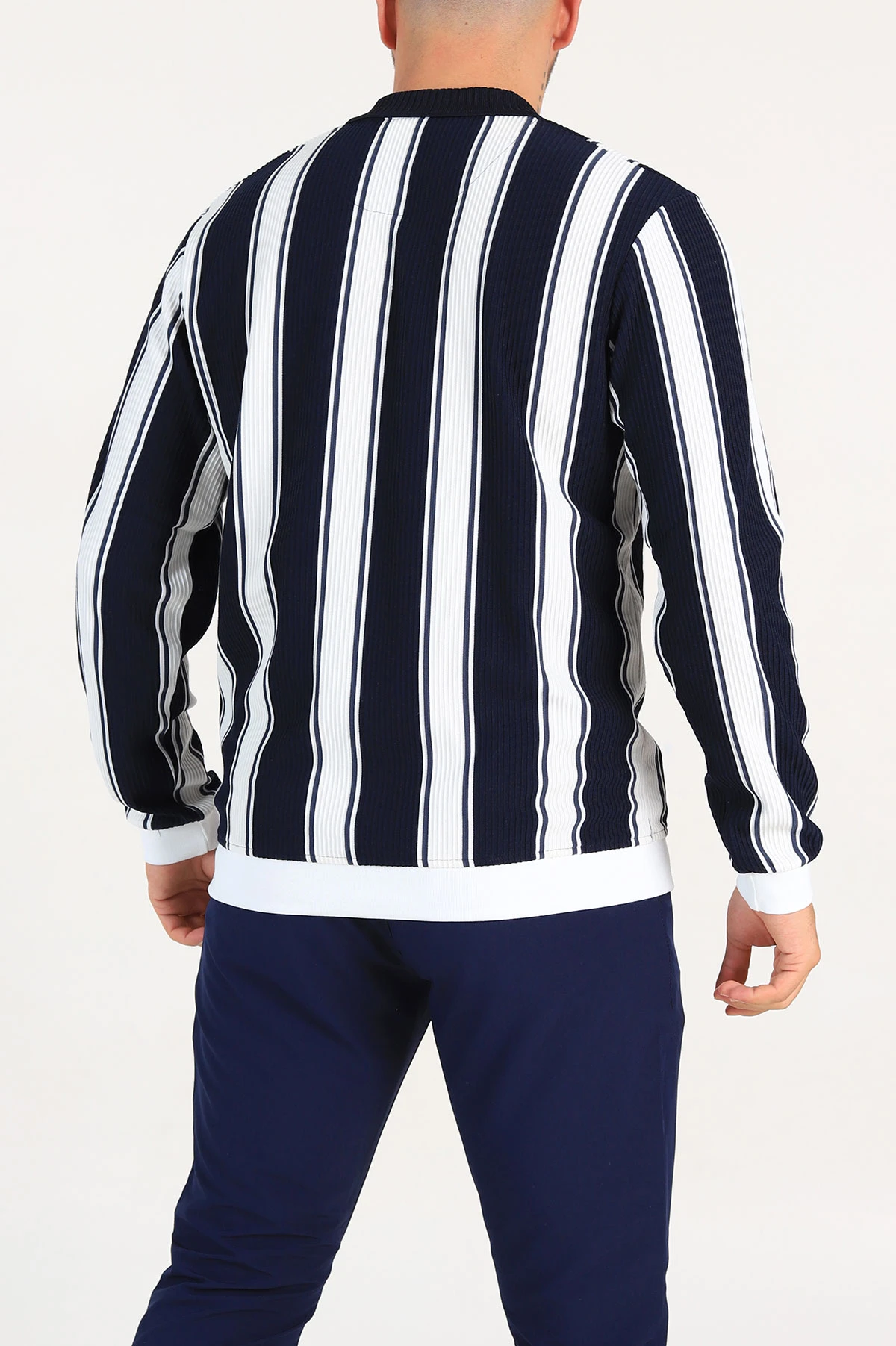 Lacivert Relaxed Fit Çizgili Polo Yaka Uzun Kollu Erkek Sweatshirt 300889