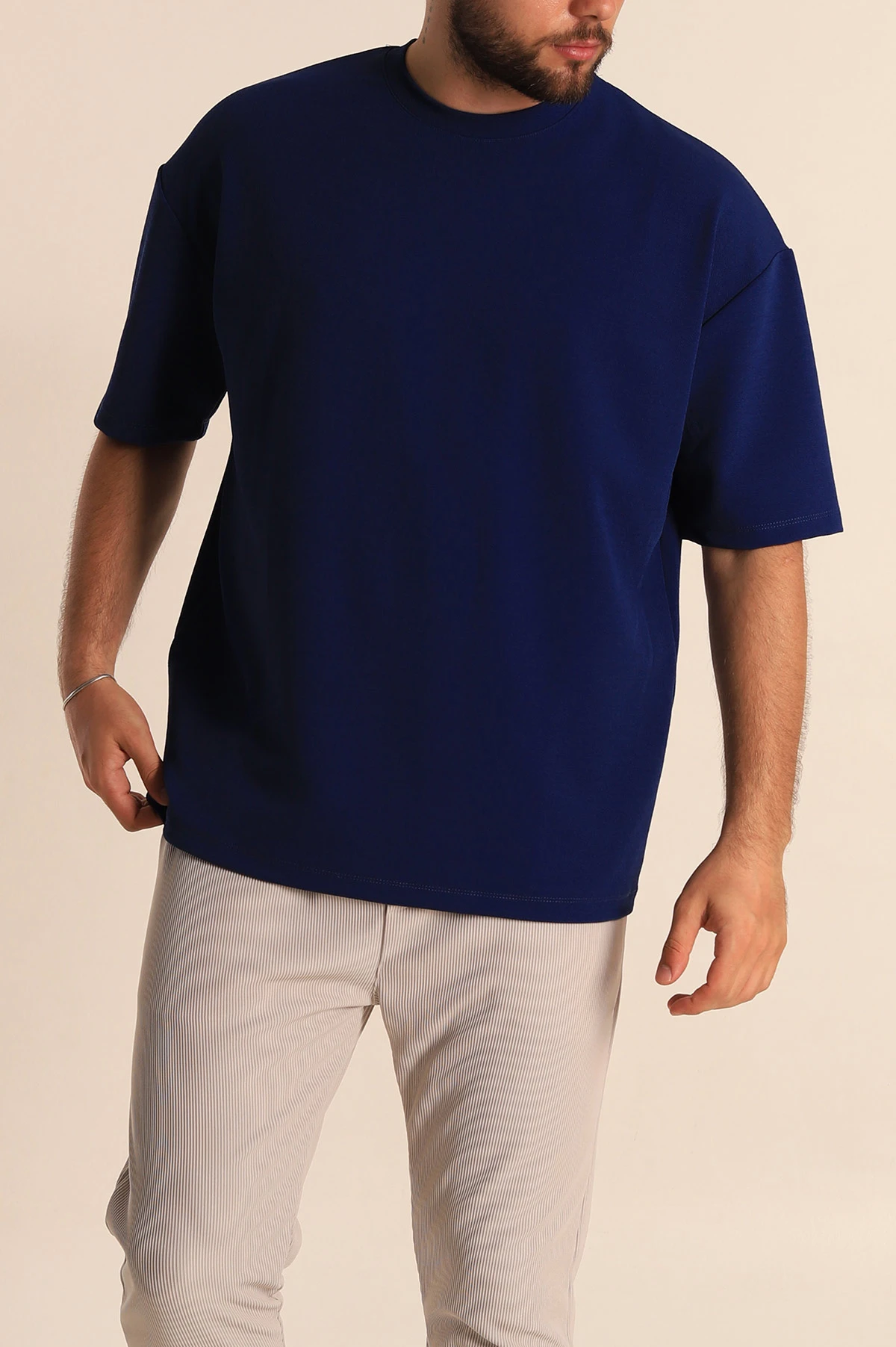 Lacivert Relaxed Fit Dokulu Basic Erkek Tişört 278884