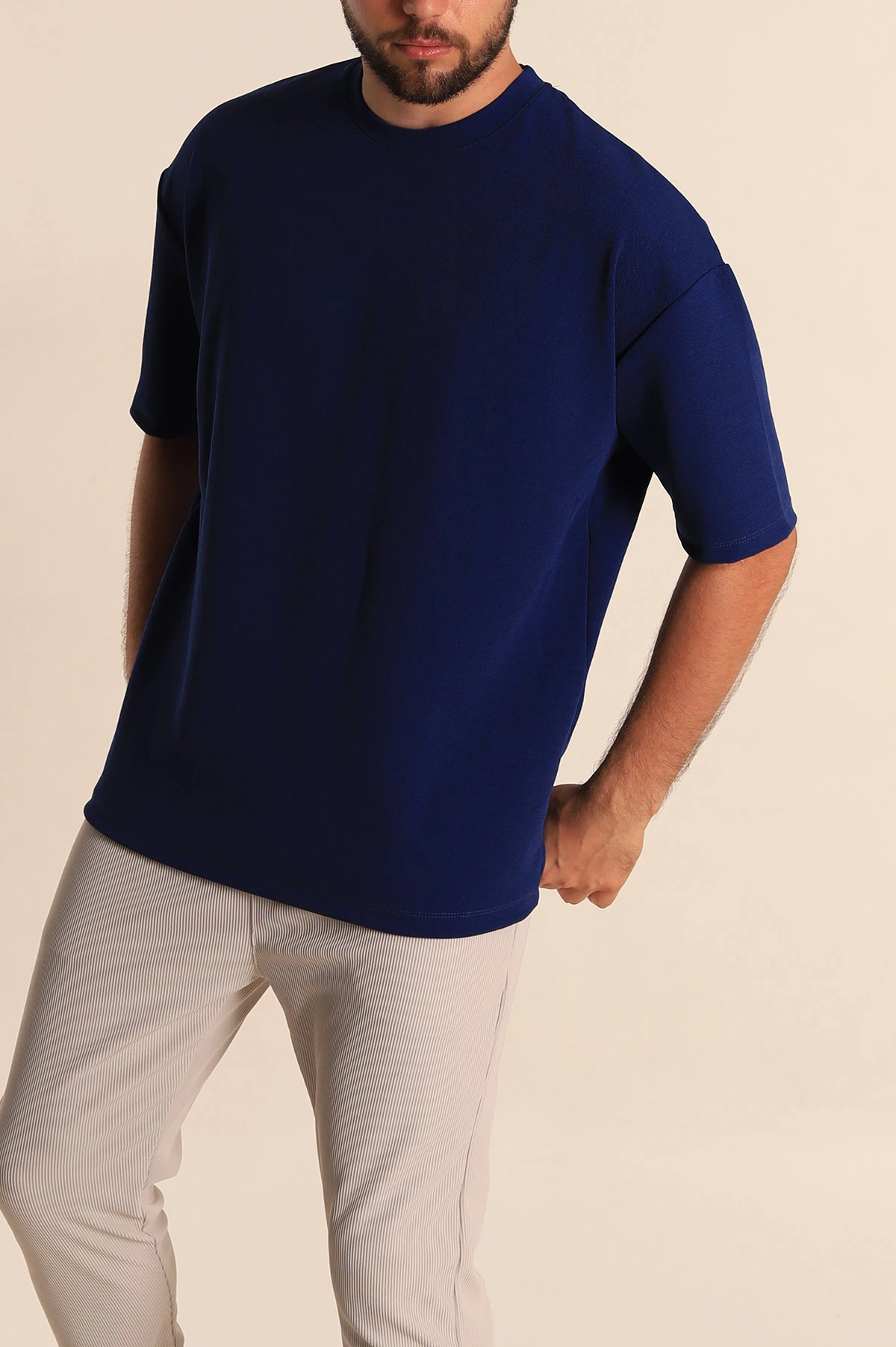 Lacivert Relaxed Fit Dokulu Basic Erkek Tişört 278884
