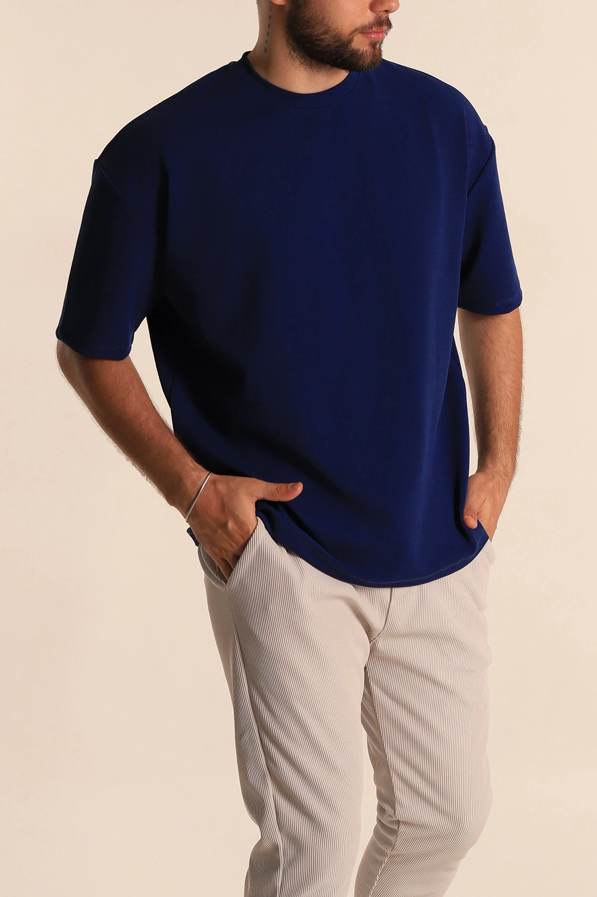Lacivert Relaxed Fit Dokulu Basic Erkek Tişört 278884