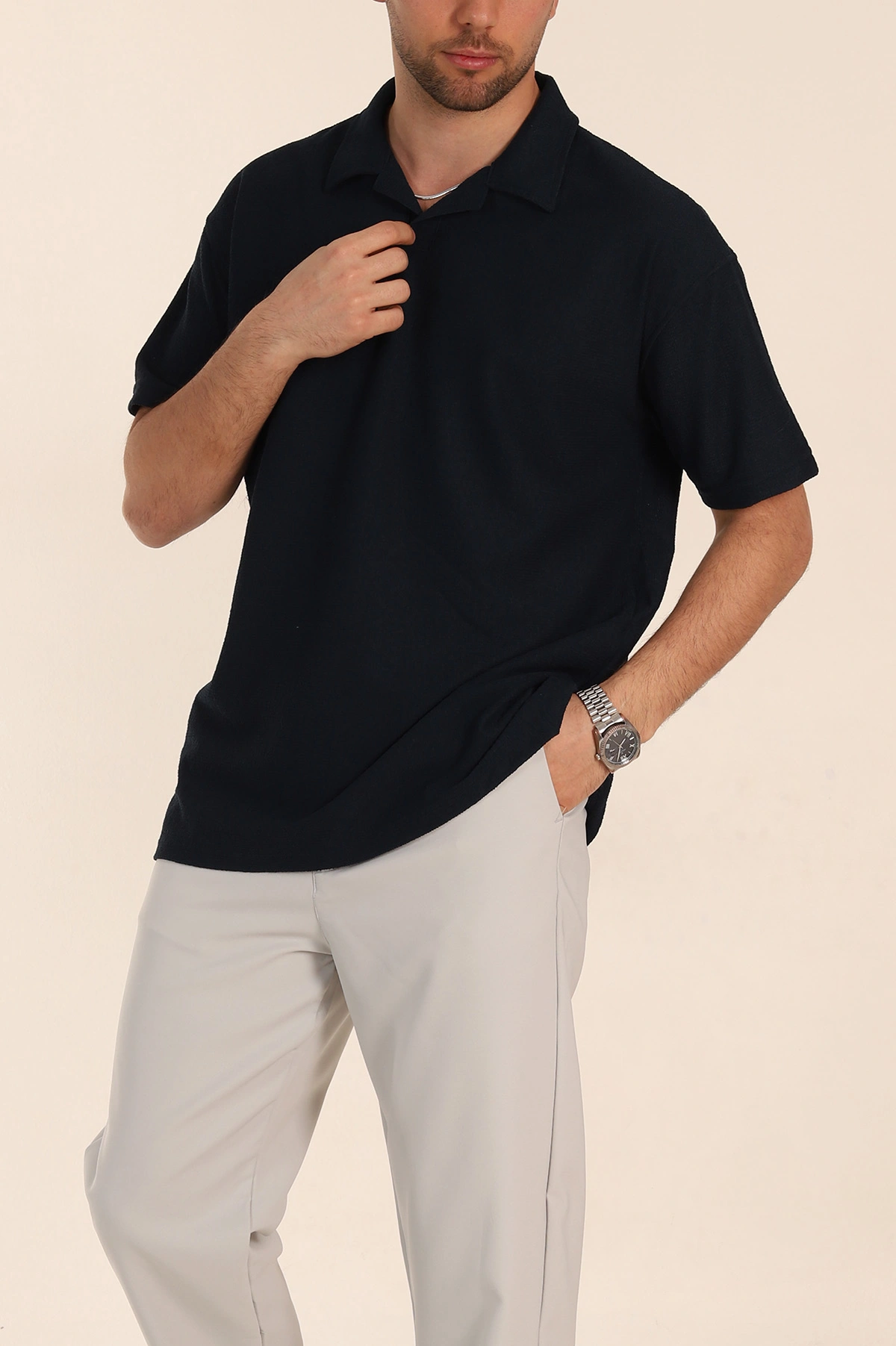Lacivert Relaxed Fit Dokulu Basic Polo Yaka Erkek Tişört 351996
