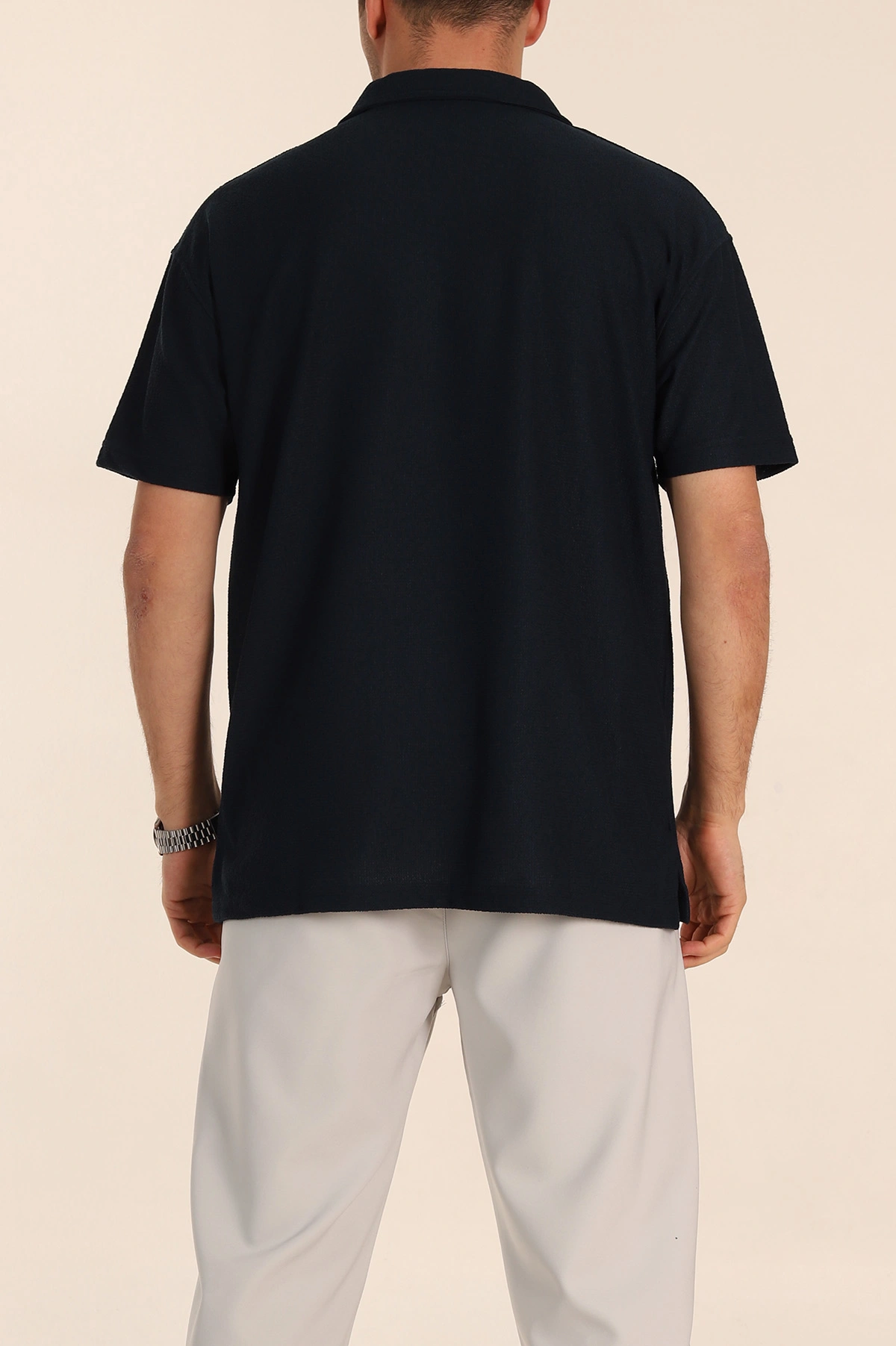 Lacivert Relaxed Fit Dokulu Basic Polo Yaka Erkek Tişört 351996