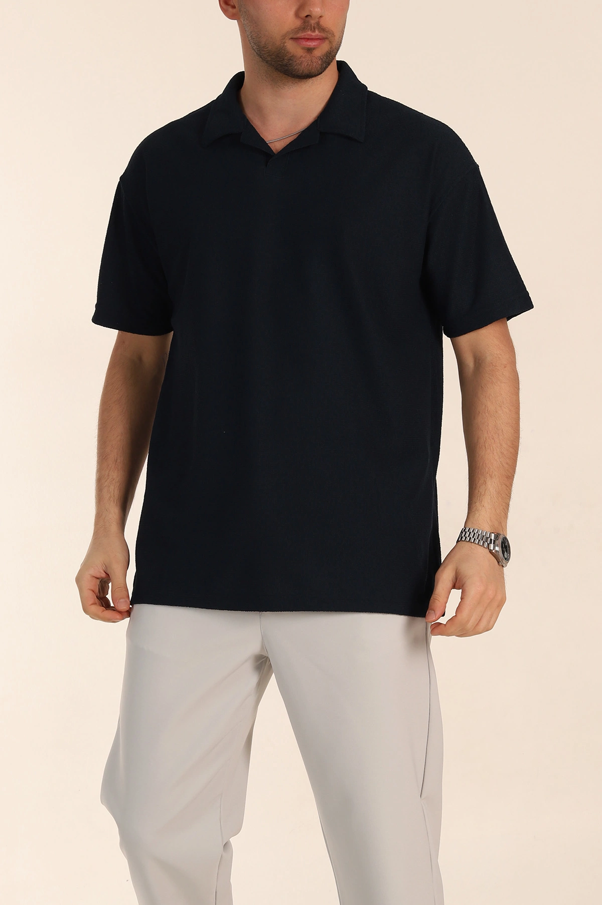 Lacivert Relaxed Fit Dokulu Basic Polo Yaka Erkek Tişört 351996