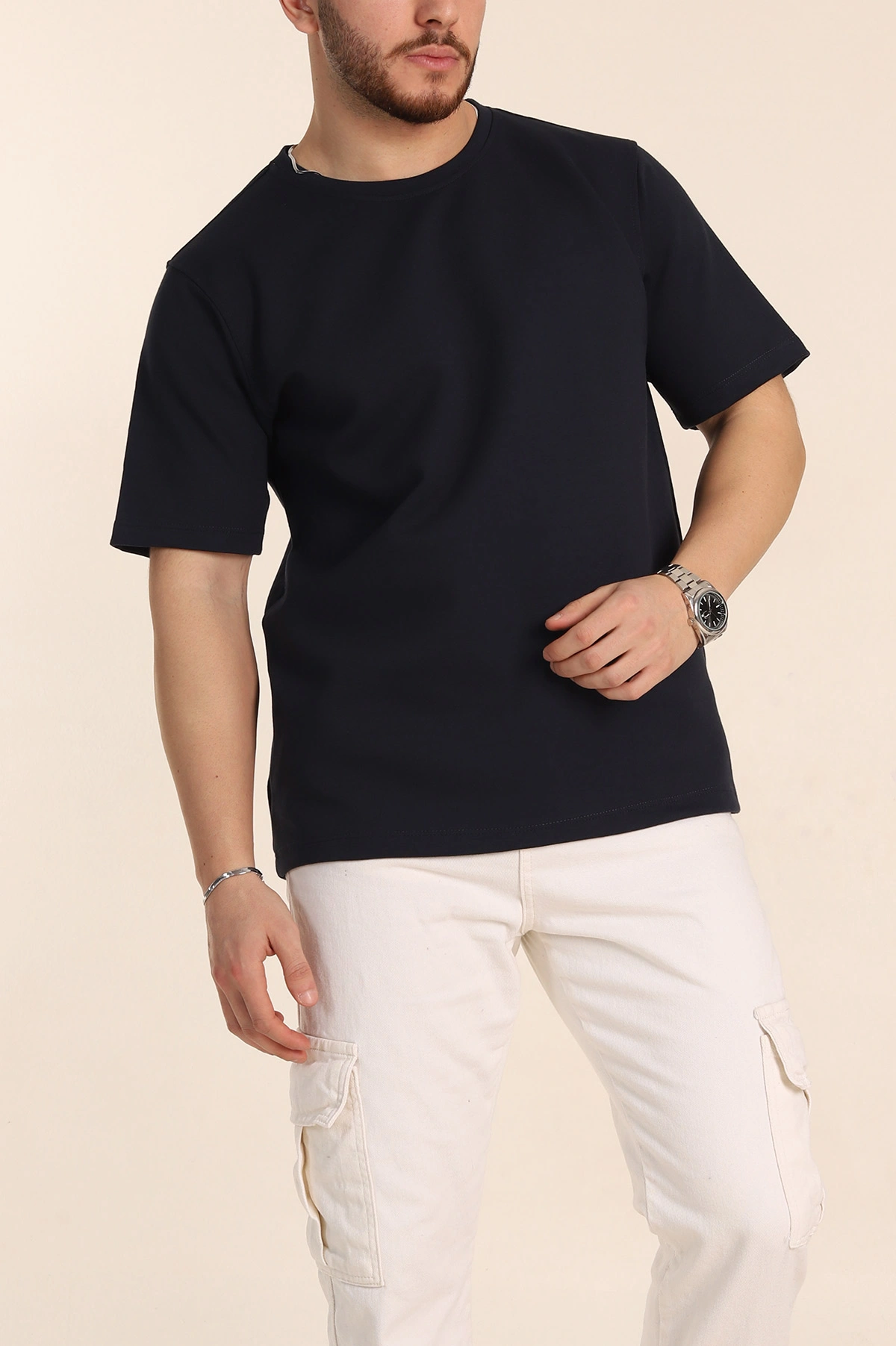 Lacivert Relaxed Fit Double Face Basic Erkek Tişört 348940