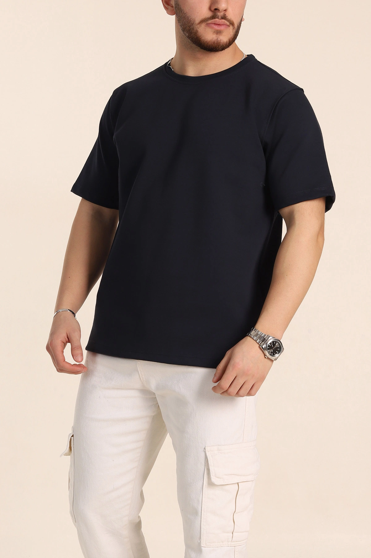 Lacivert Relaxed Fit Double Face Basic Erkek Tişört 348940