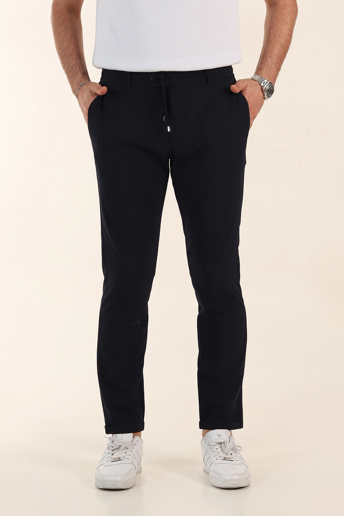 Lacivert Relaxed Fit Duble Kumaş Bel Lastikli Duble Paça Erkek Pantolon 362588