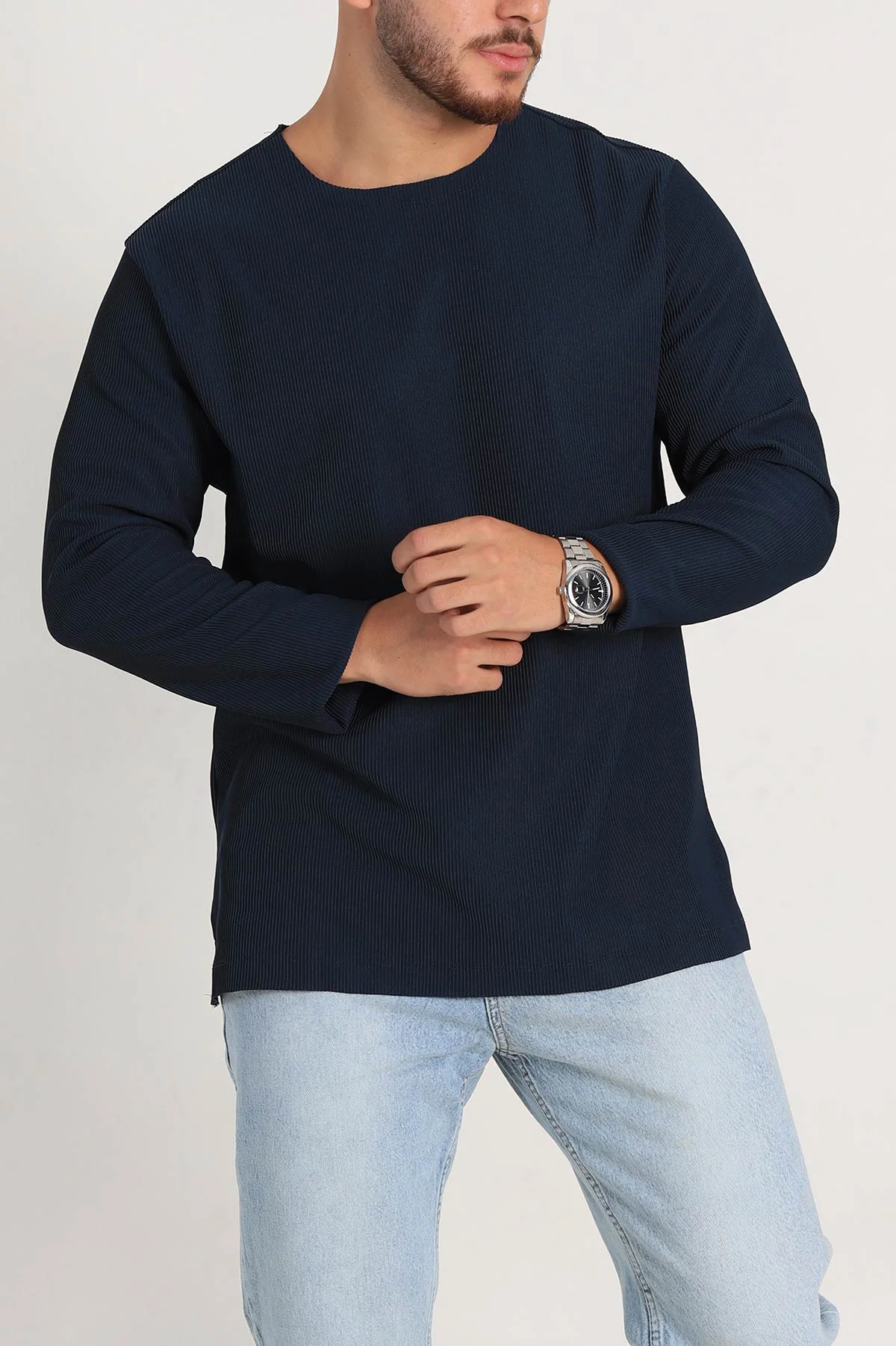 Lacivert Relaxed Fit Fitilli Doku Geniş Yaka Erkek Sweatshirt 300459