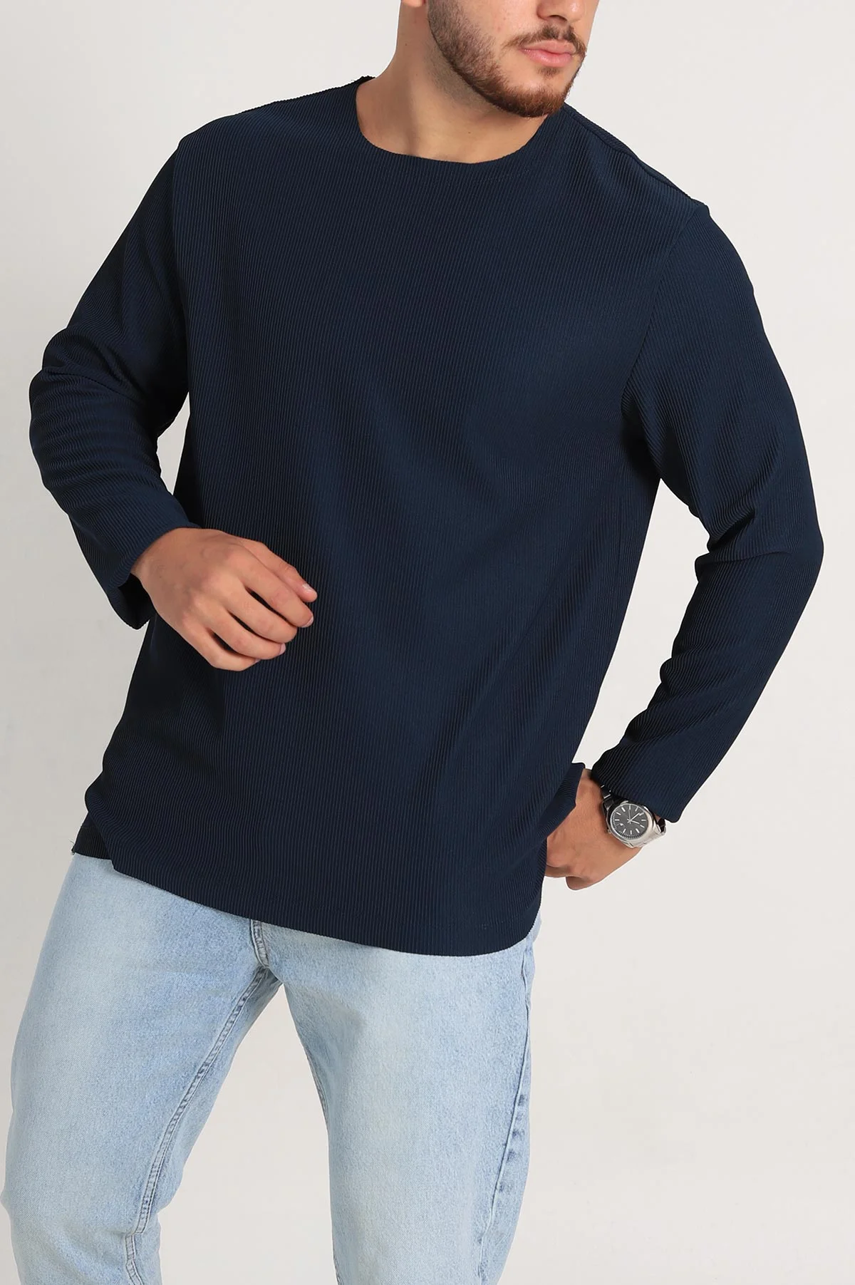 Lacivert Relaxed Fit Fitilli Doku Geniş Yaka Erkek Sweatshirt 300459