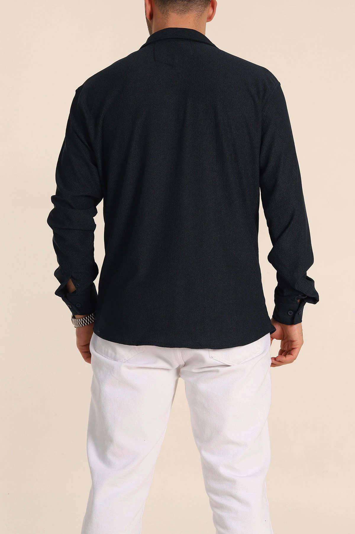 Lacivert Relaxed Fit Fİtilli Doku Likralı Erkek Gömlek 350003