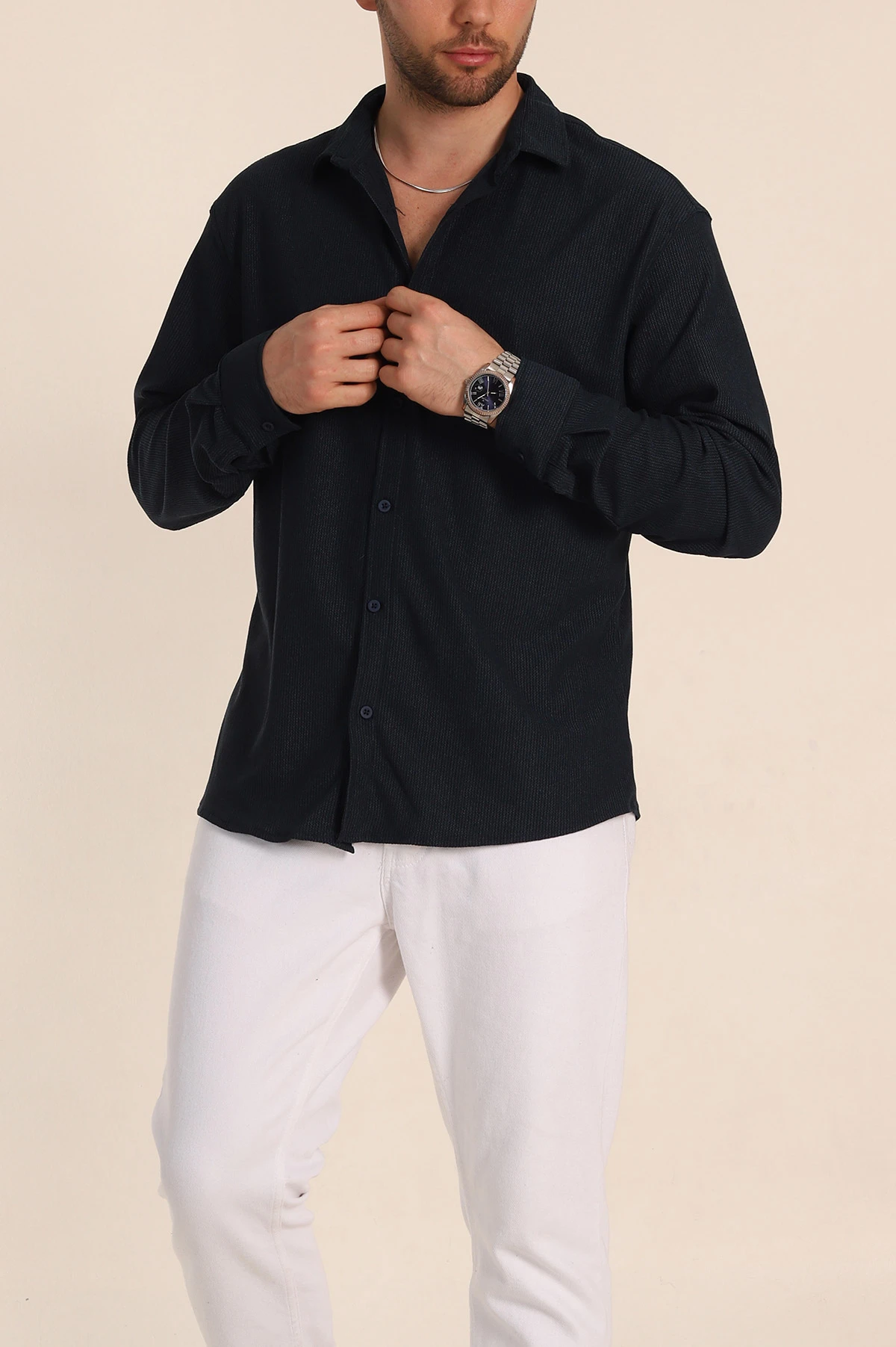Lacivert Relaxed Fit Fİtilli Doku Likralı Erkek Gömlek 350003