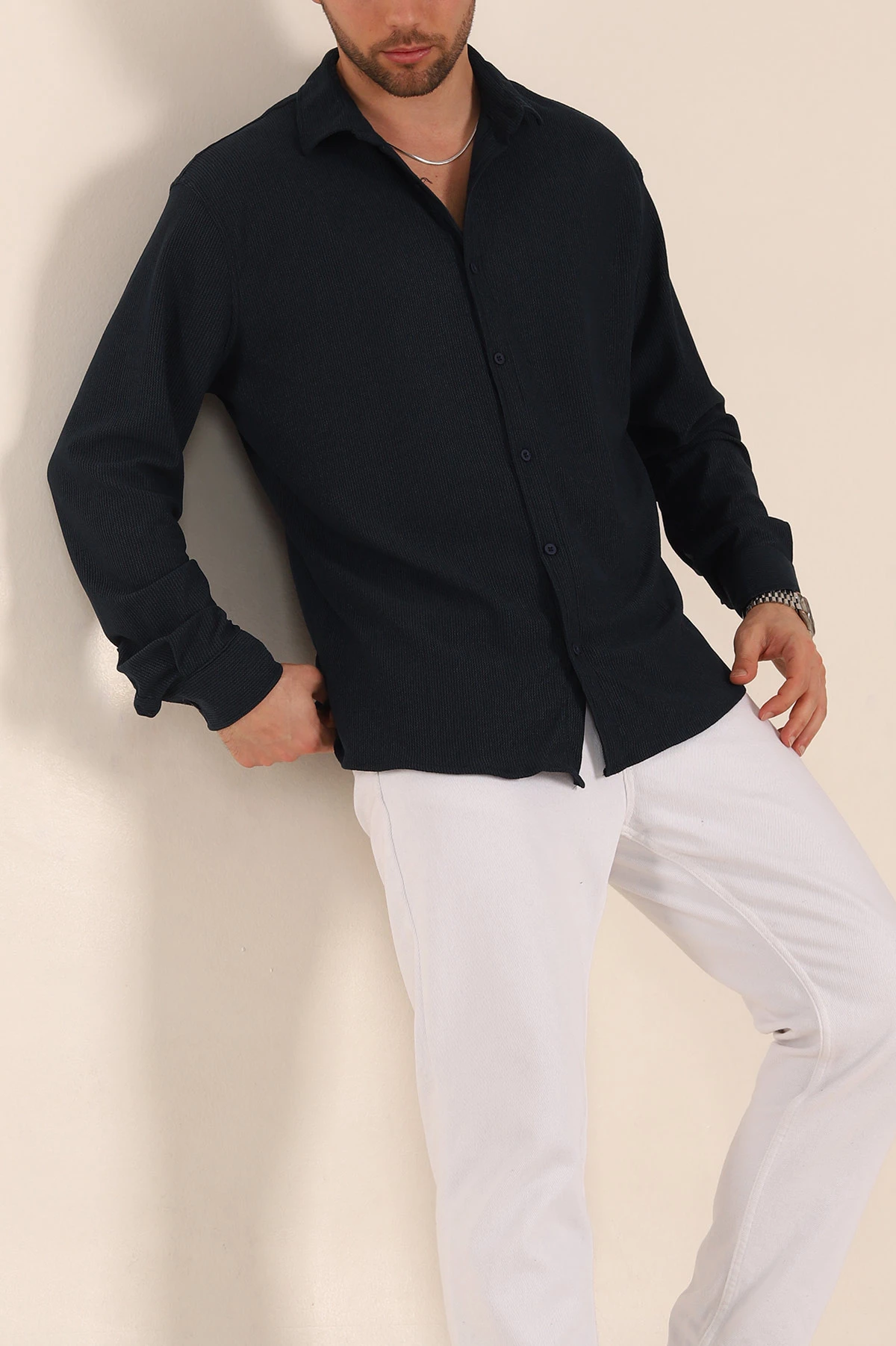 Lacivert Relaxed Fit Fİtilli Doku Likralı Erkek Gömlek 350003