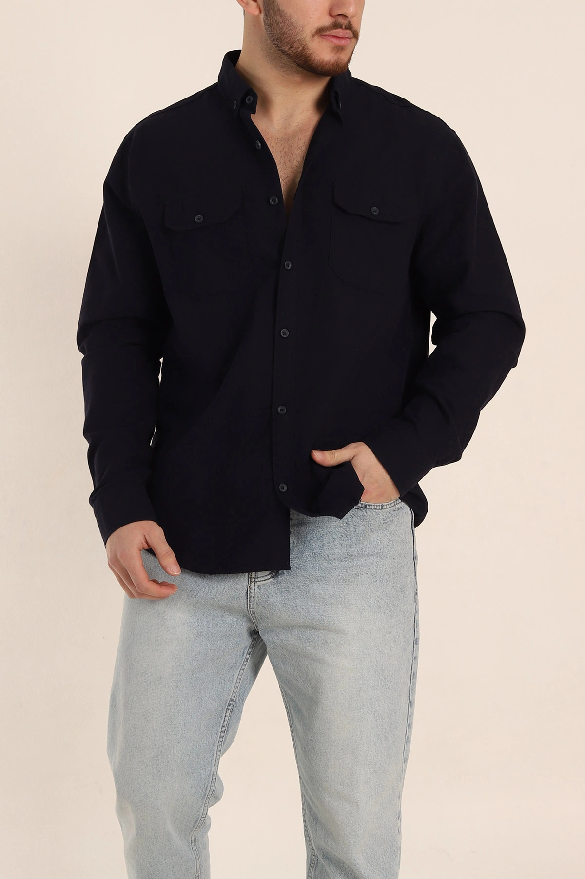 Lacivert Relaxed Fit Gabardin Çift Cep Detaylı Ata Yaka Erkek Gömlek 339104
