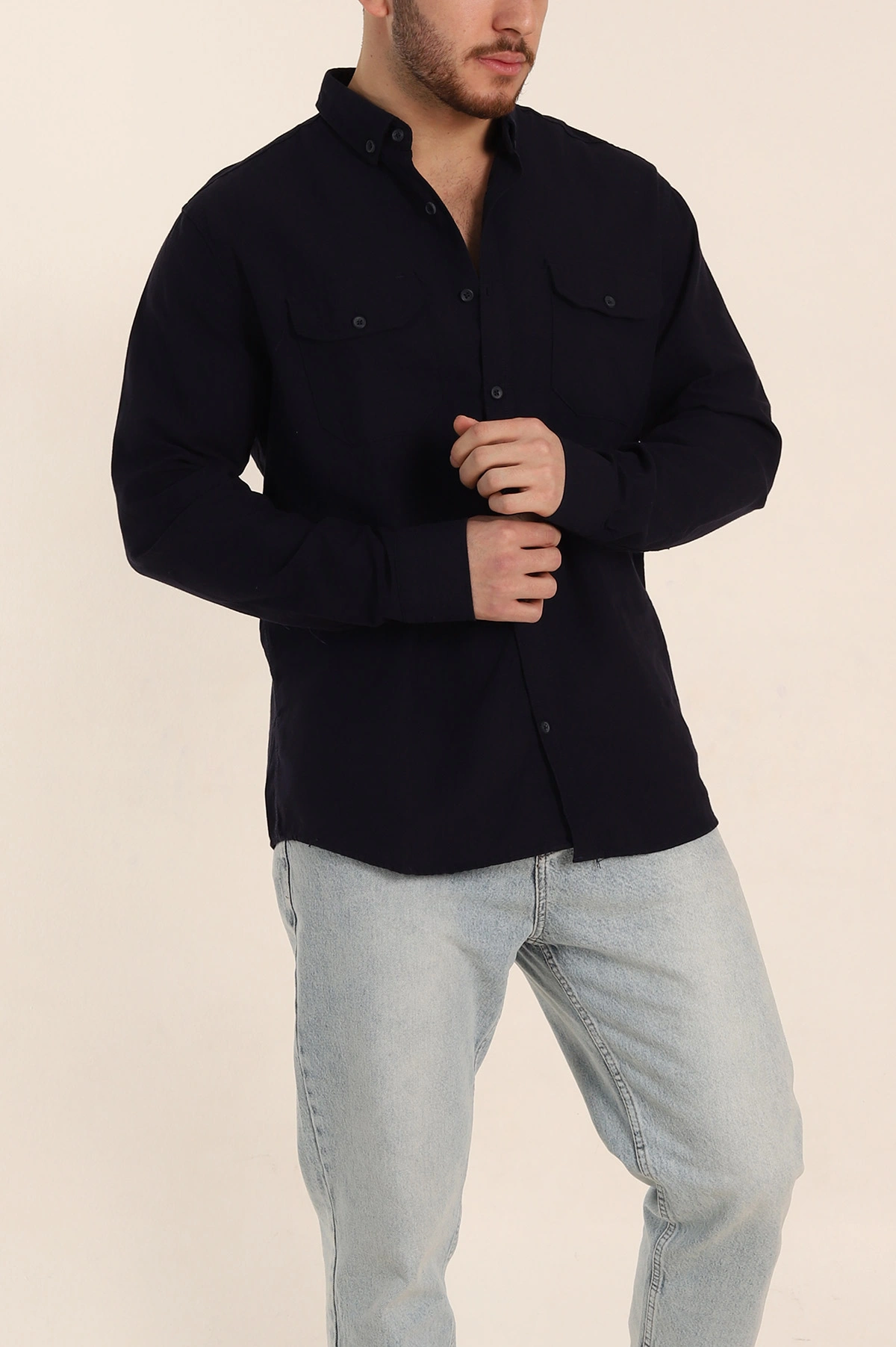 Lacivert Relaxed Fit Gabardin Çift Cep Detaylı Ata Yaka Erkek Gömlek 339104