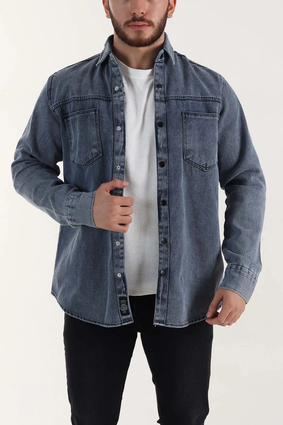 Lacivert Relaxed Fit Gabardin Çift Cepli Yıkamalı  Erkek Gömlek 397972