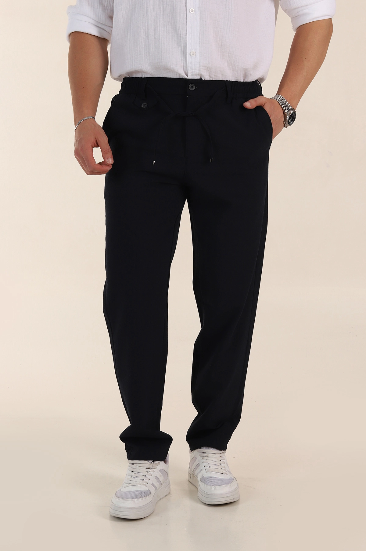 Lacivert Relaxed Fit Gofre Kumaş Bel Arkası Lastikli Erkek Pantolon 362584