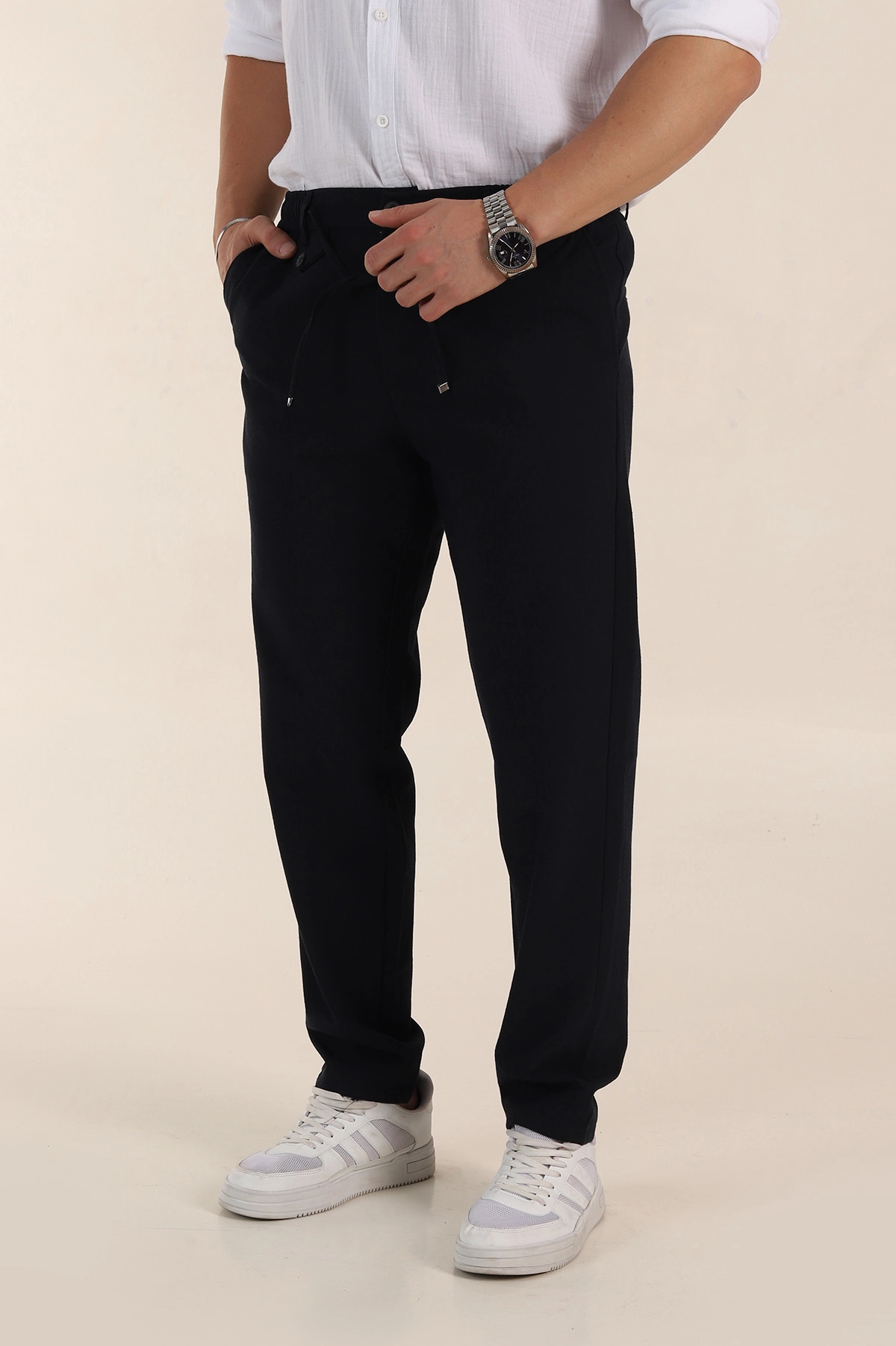Lacivert Relaxed Fit Gofre Kumaş Bel Arkası Lastikli Erkek Pantolon 362584