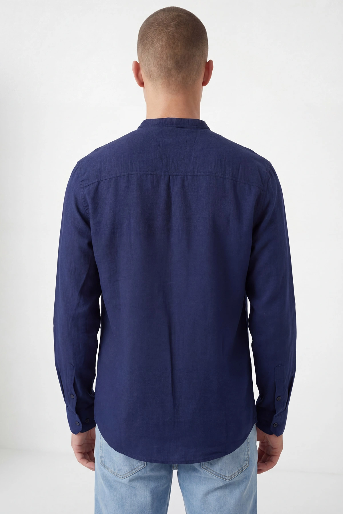Lacivert Relaxed Fit Hakim Yaka Uzun Kollu Erkek Gömlek 445646