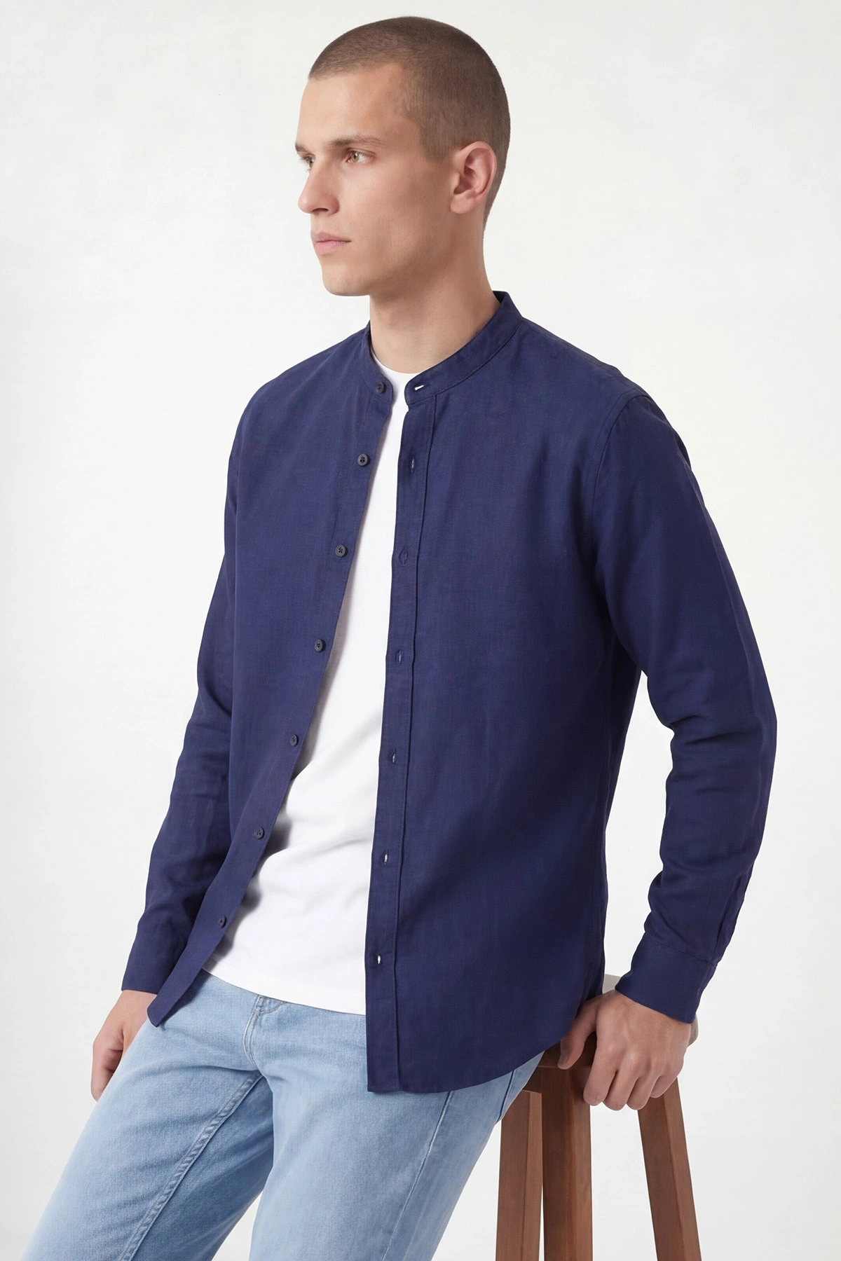 Lacivert Relaxed Fit Hakim Yaka Uzun Kollu Erkek Gömlek 445646
