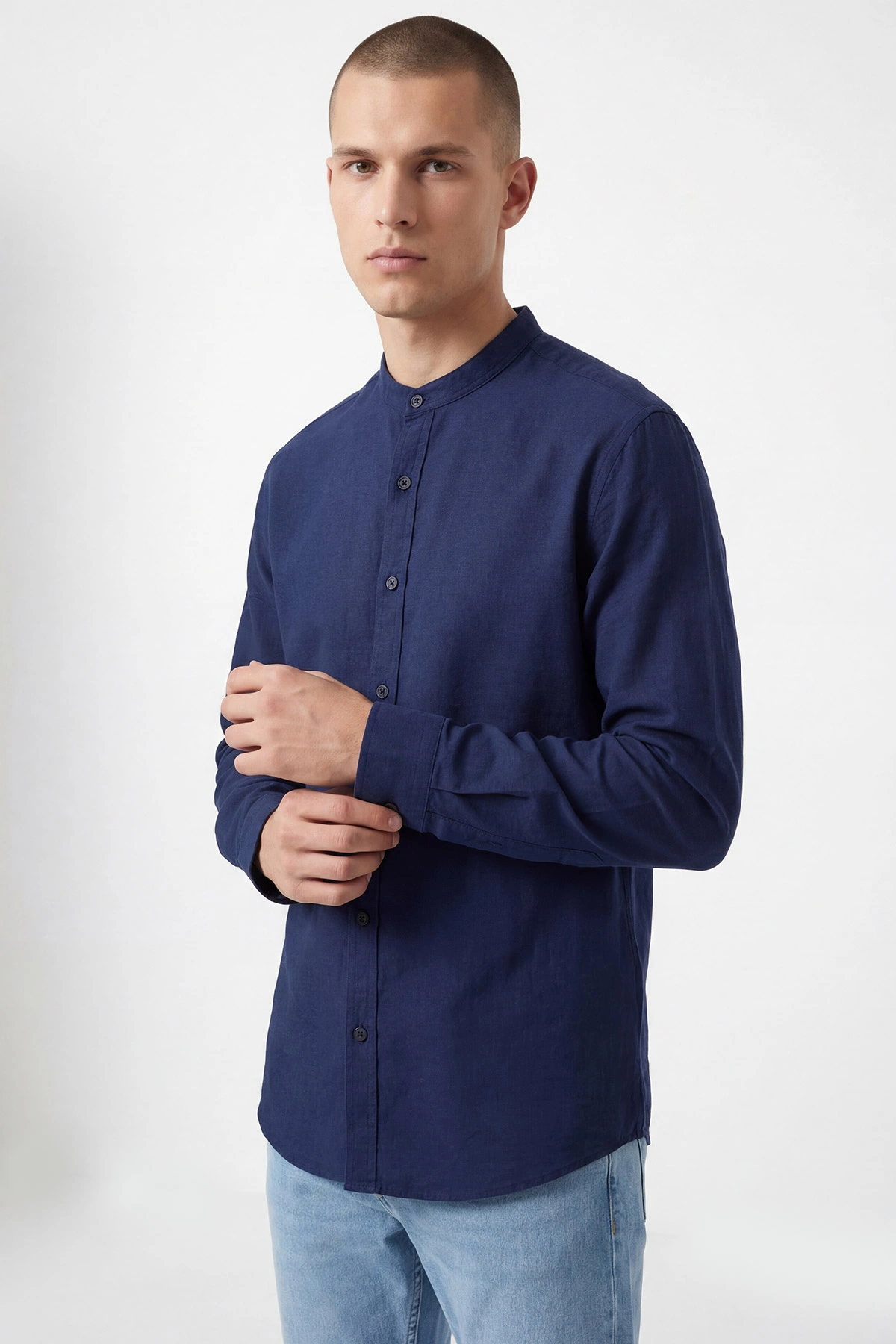 Lacivert Relaxed Fit Hakim Yaka Uzun Kollu Erkek Gömlek 445646