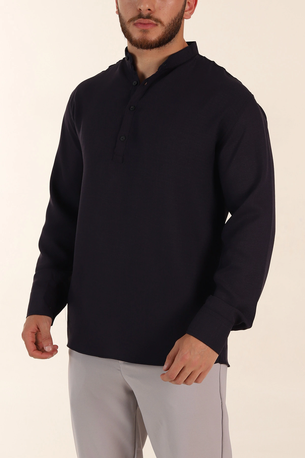 Lacivert Relaxed Fit Hakim Yaka Yarım Düğmeli Erkek Gömlek 369852