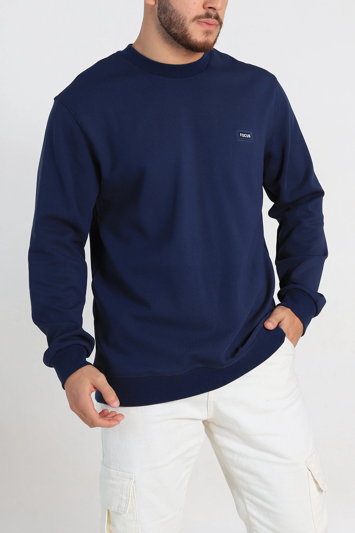 Lacivert Relaxed Fit İki İp Şardonlu Yazı Detay Likralı Erkek Sweatshirt 311200