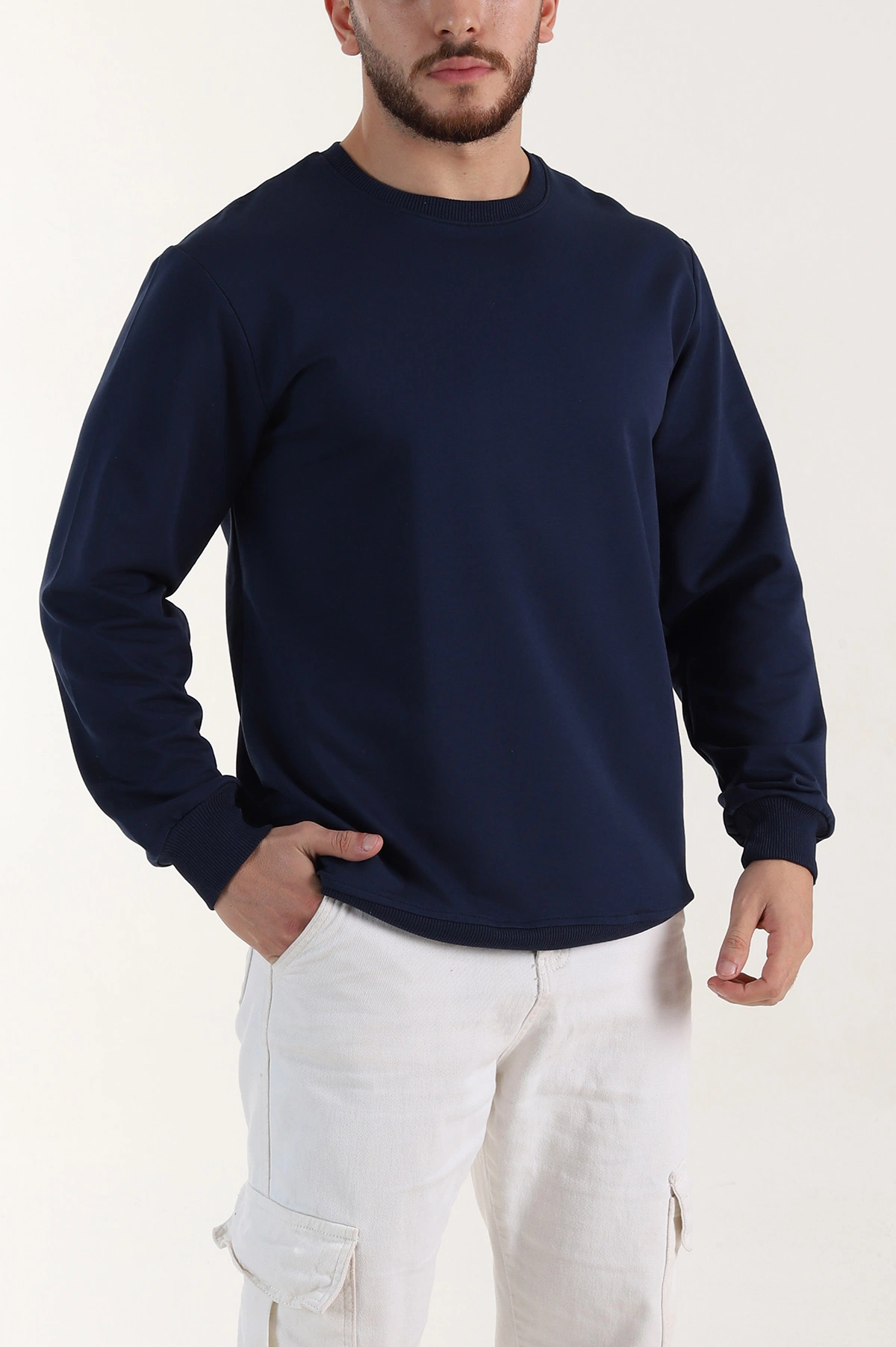 Lacivert Relaxed Fit İki İp Şardonsuz Basic Erkek Sweatshirt 398126