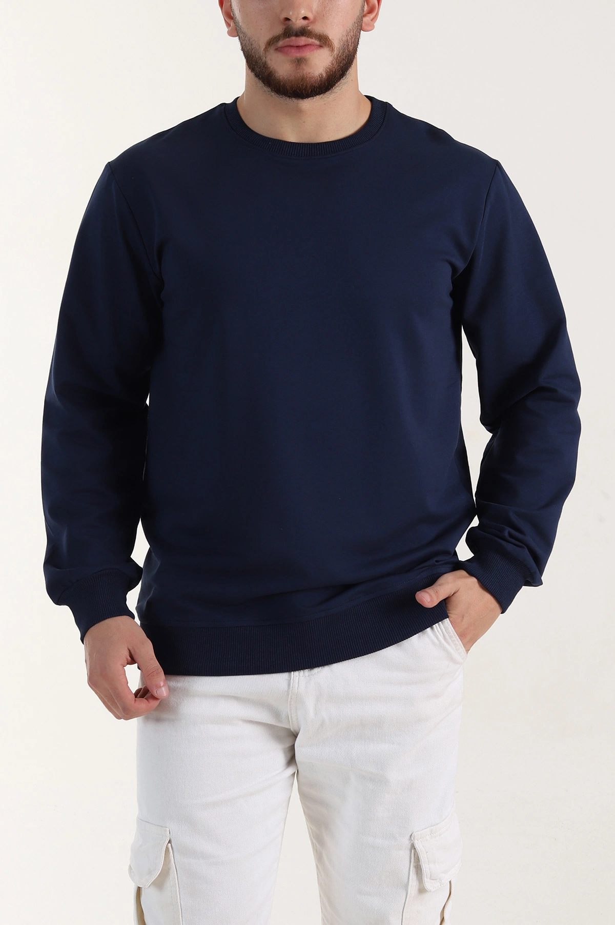 Lacivert Relaxed Fit İki İp Şardonsuz Basic Erkek Sweatshirt 398126