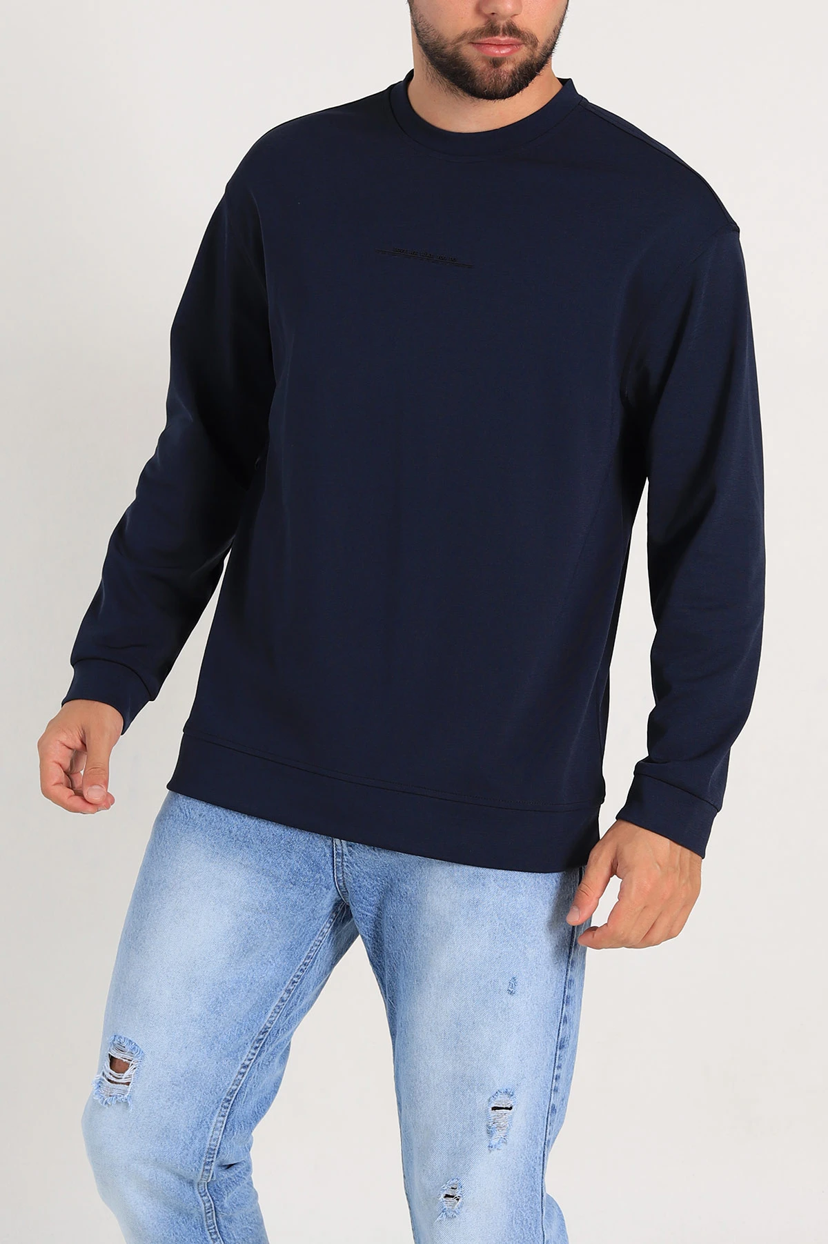 Lacivert Relaxed Fit Jakarlı Kabartma Yazı Detay Erkek Basic Sweatshirt 305383