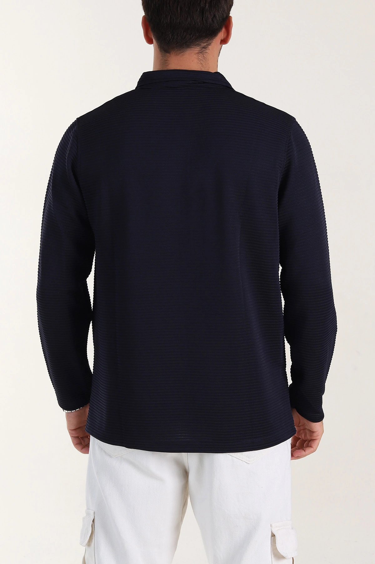 Lacivert Relaxed Fit Jakarlı Kumaş Kalın Fitilli Polo Yaka Sweatshirt 399554