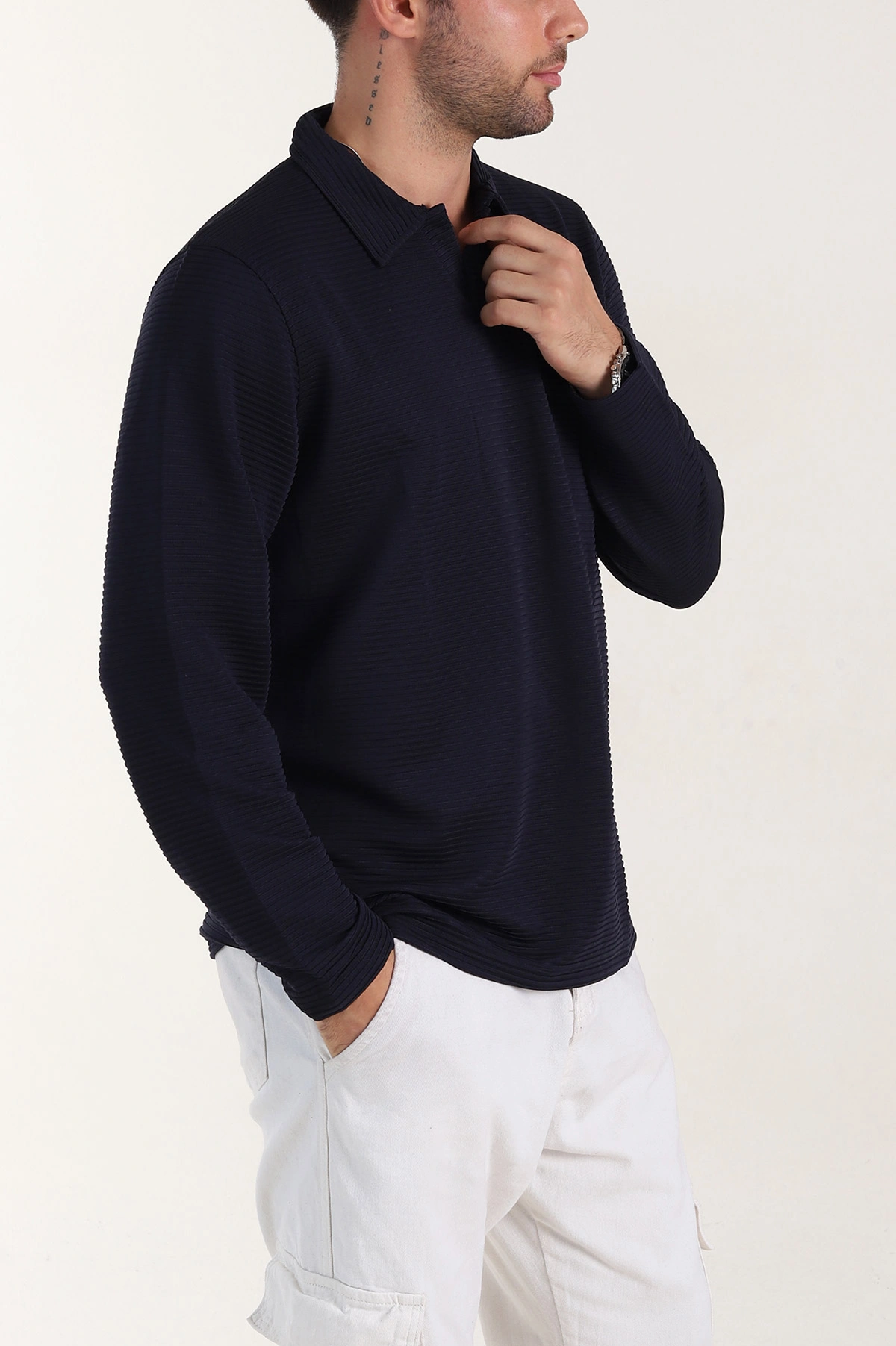 Lacivert Relaxed Fit Jakarlı Kumaş Kalın Fitilli Polo Yaka Sweatshirt 399554