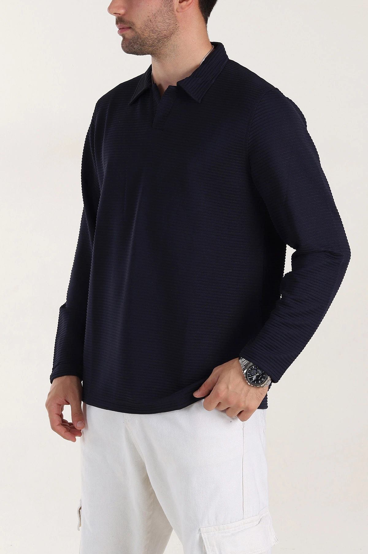 Lacivert Relaxed Fit Jakarlı Kumaş Kalın Fitilli Polo Yaka Sweatshirt 399554