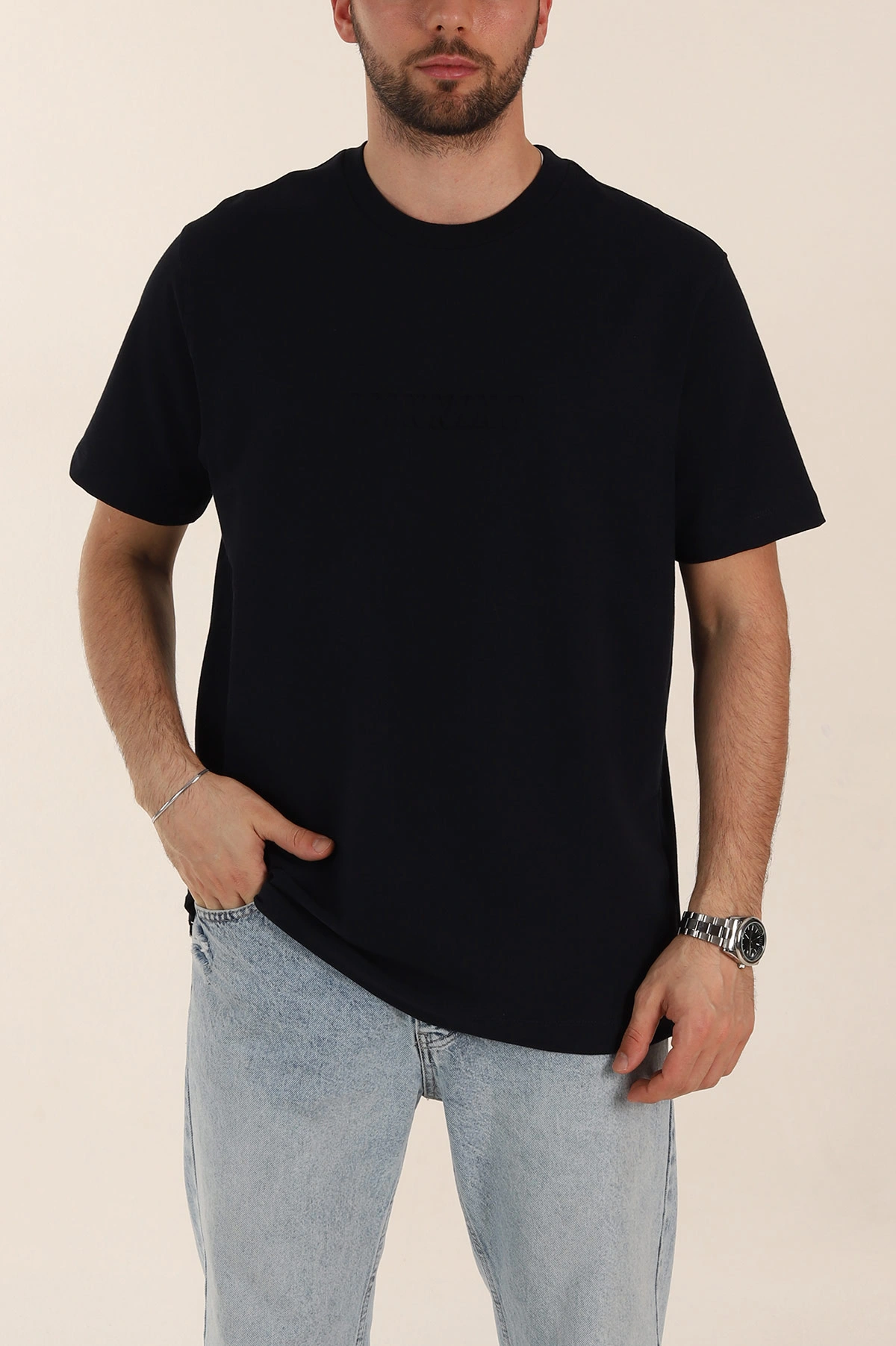 Lacivert Relaxed Fit Kabartma Yazı Detaylı Erkek Tişört 358504