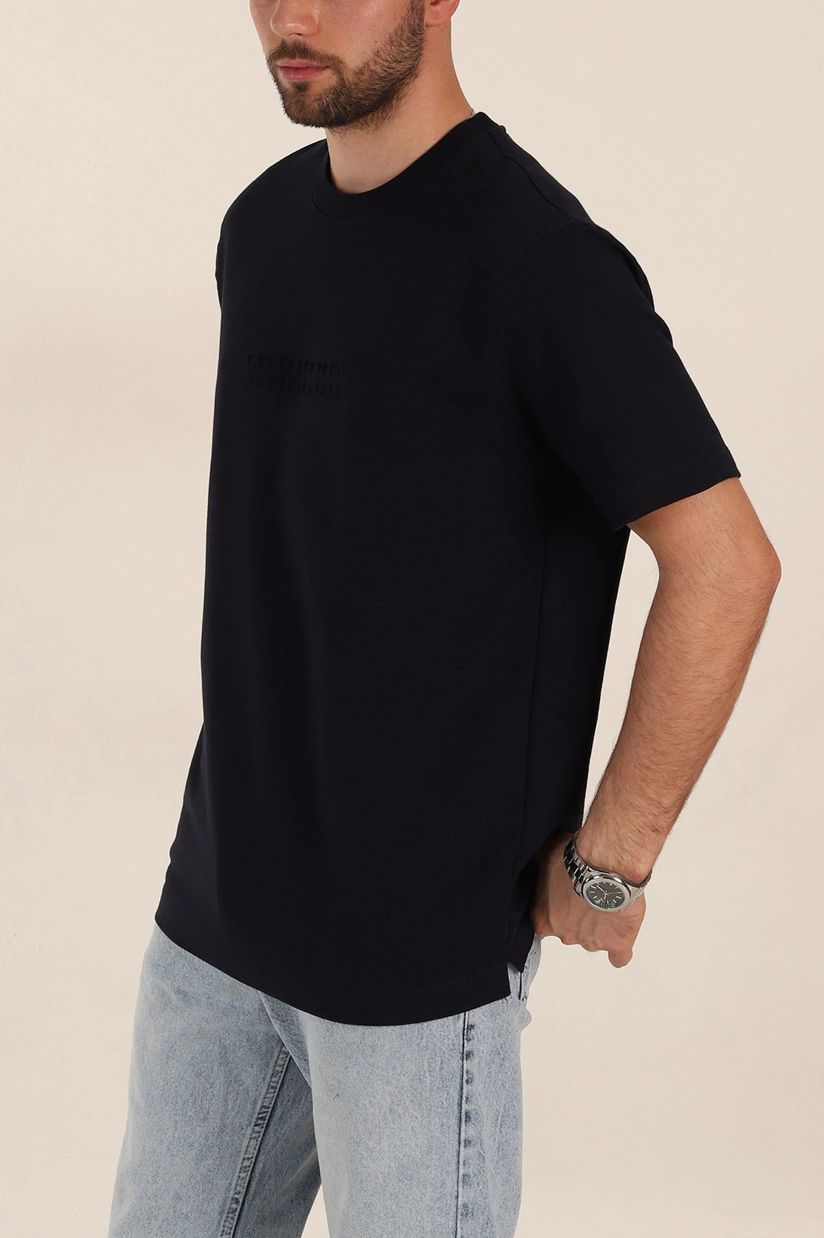 Lacivert Relaxed Fit Kabartma Yazı Detaylı Erkek Tişört 358504