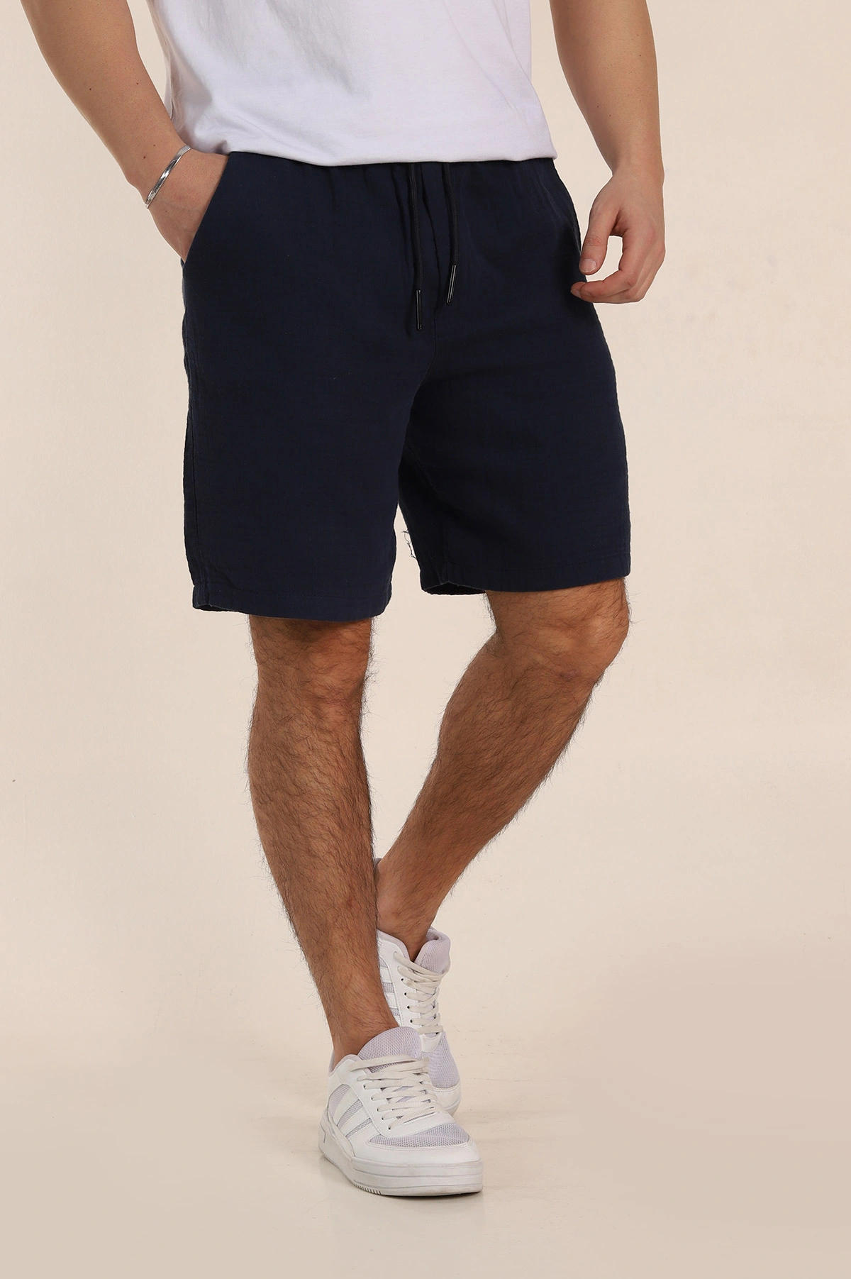 Lacivert Relaxed Fit Kalın Müslin Keten Erkek Şort 354065