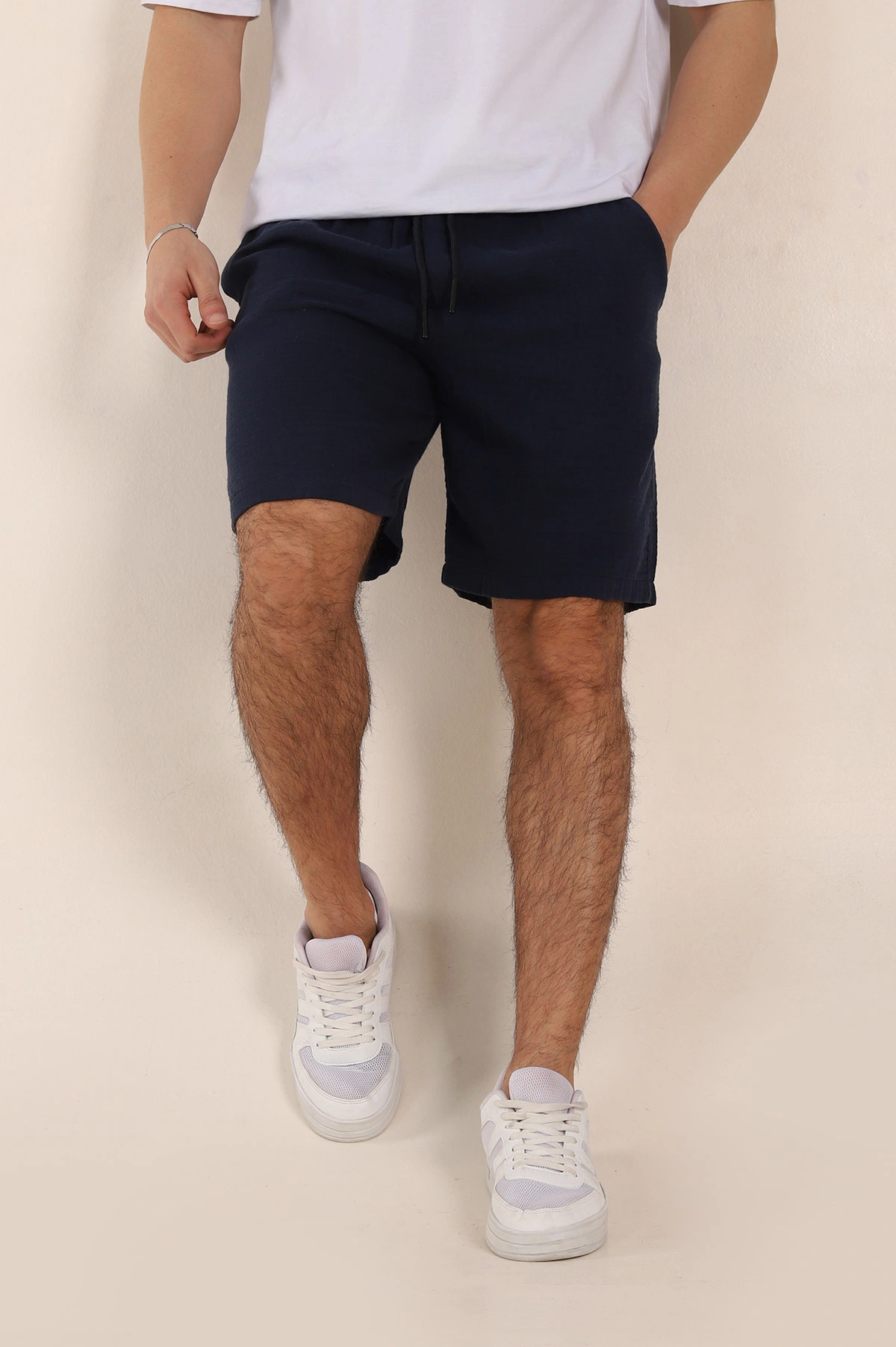 Lacivert Relaxed Fit Kalın Müslin Keten Erkek Şort 354065