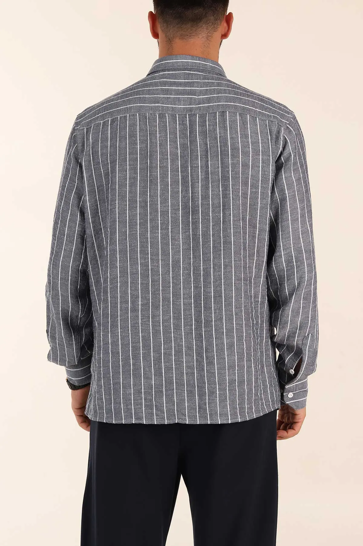 Lacivert Relaxed Fit Keten Ata Yaka Çizgili Erkek Gömlek 376955