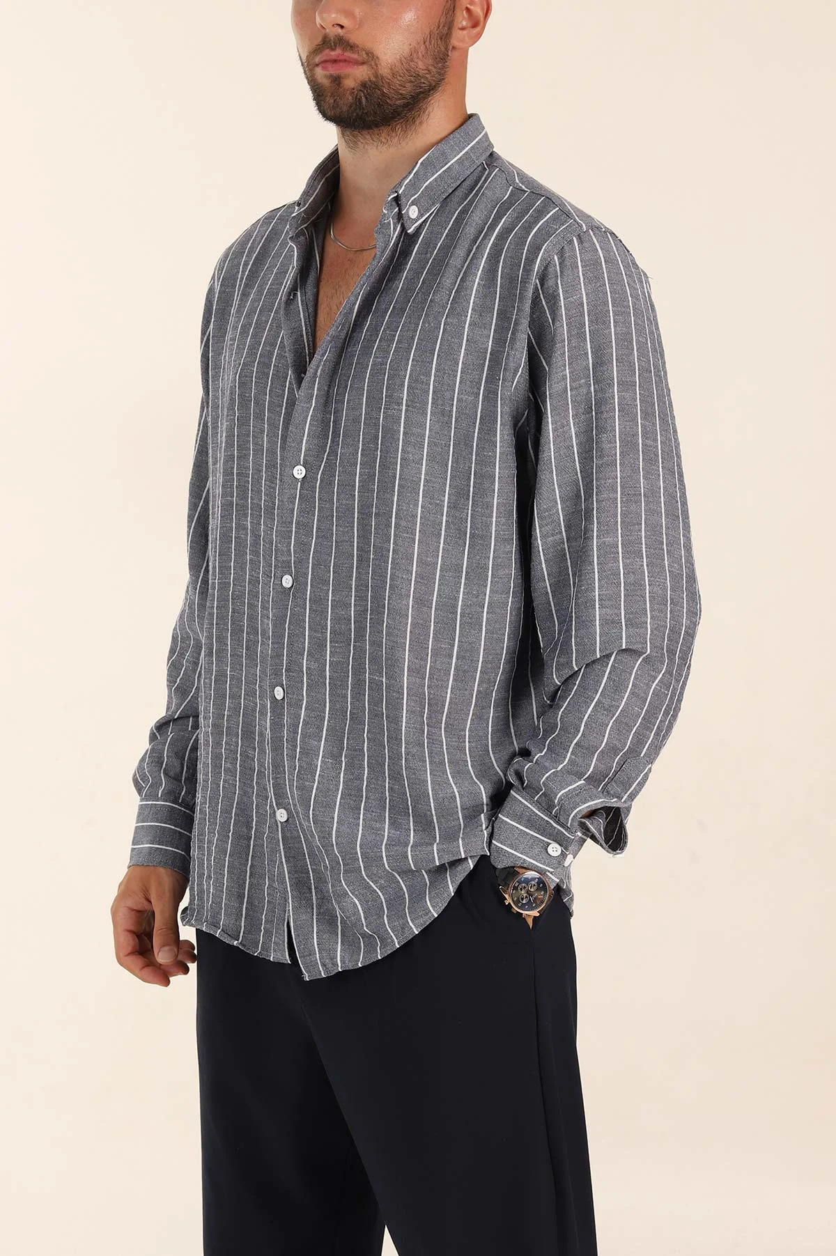 Lacivert Relaxed Fit Keten Ata Yaka Çizgili Erkek Gömlek 376955