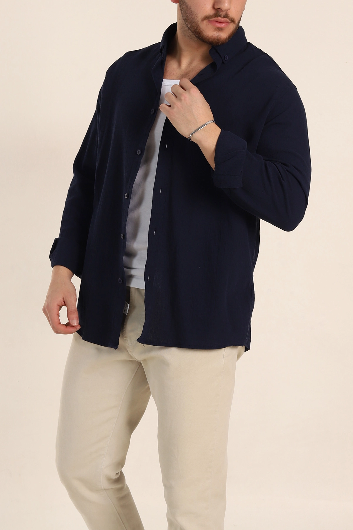 Lacivert Relaxed Fit Keten Ata Yaka Erkek Gömlek 339165