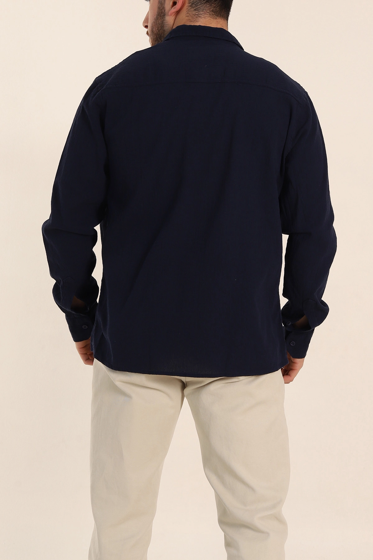 Lacivert Relaxed Fit Keten Ata Yaka Erkek Gömlek 339165