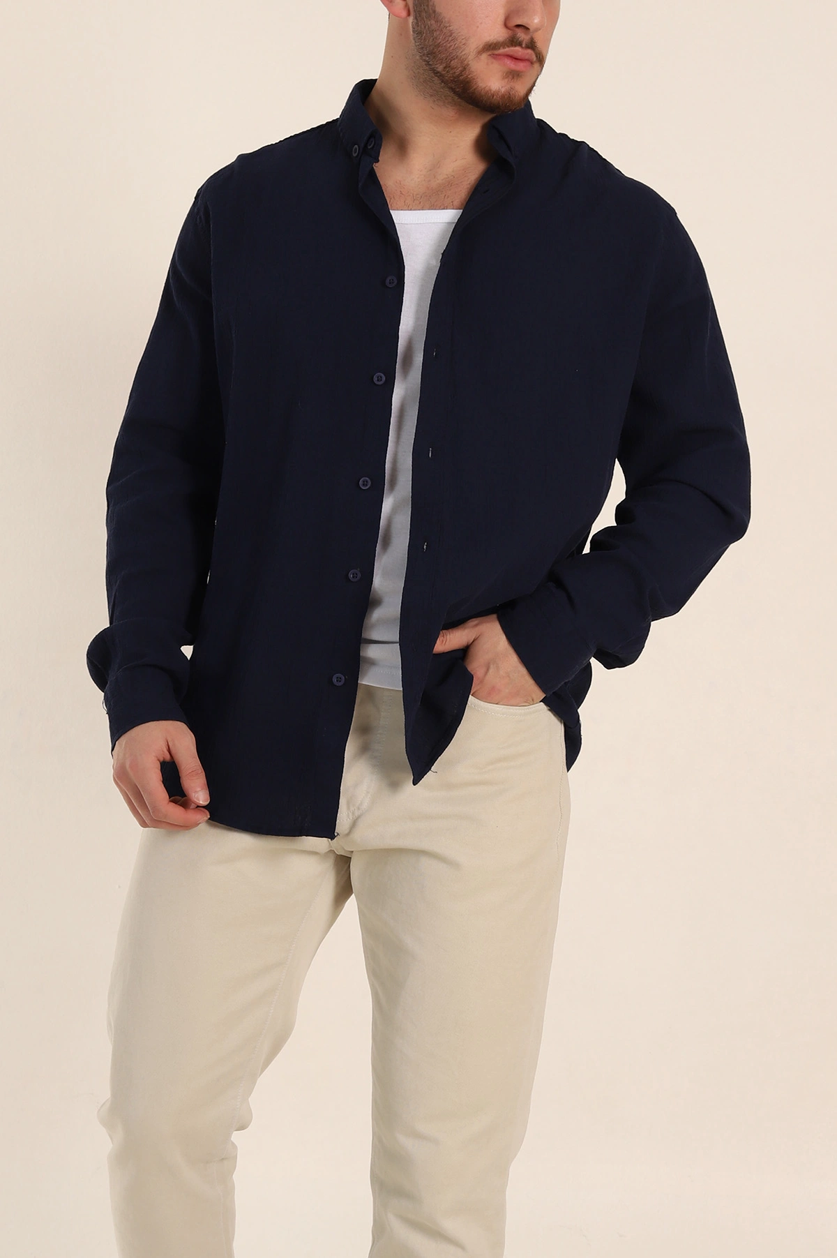 Lacivert Relaxed Fit Keten Ata Yaka Erkek Gömlek 339165