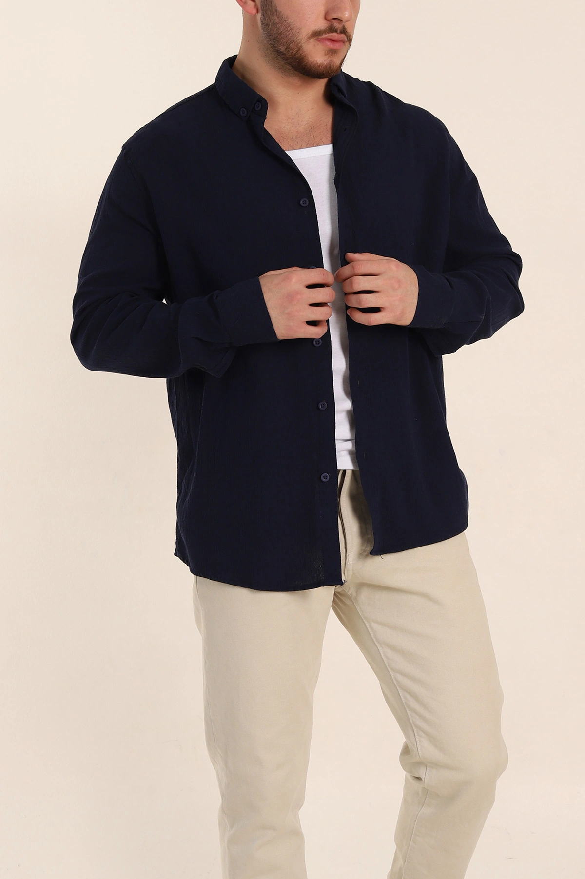 Lacivert Relaxed Fit Keten Ata Yaka Erkek Gömlek 339165
